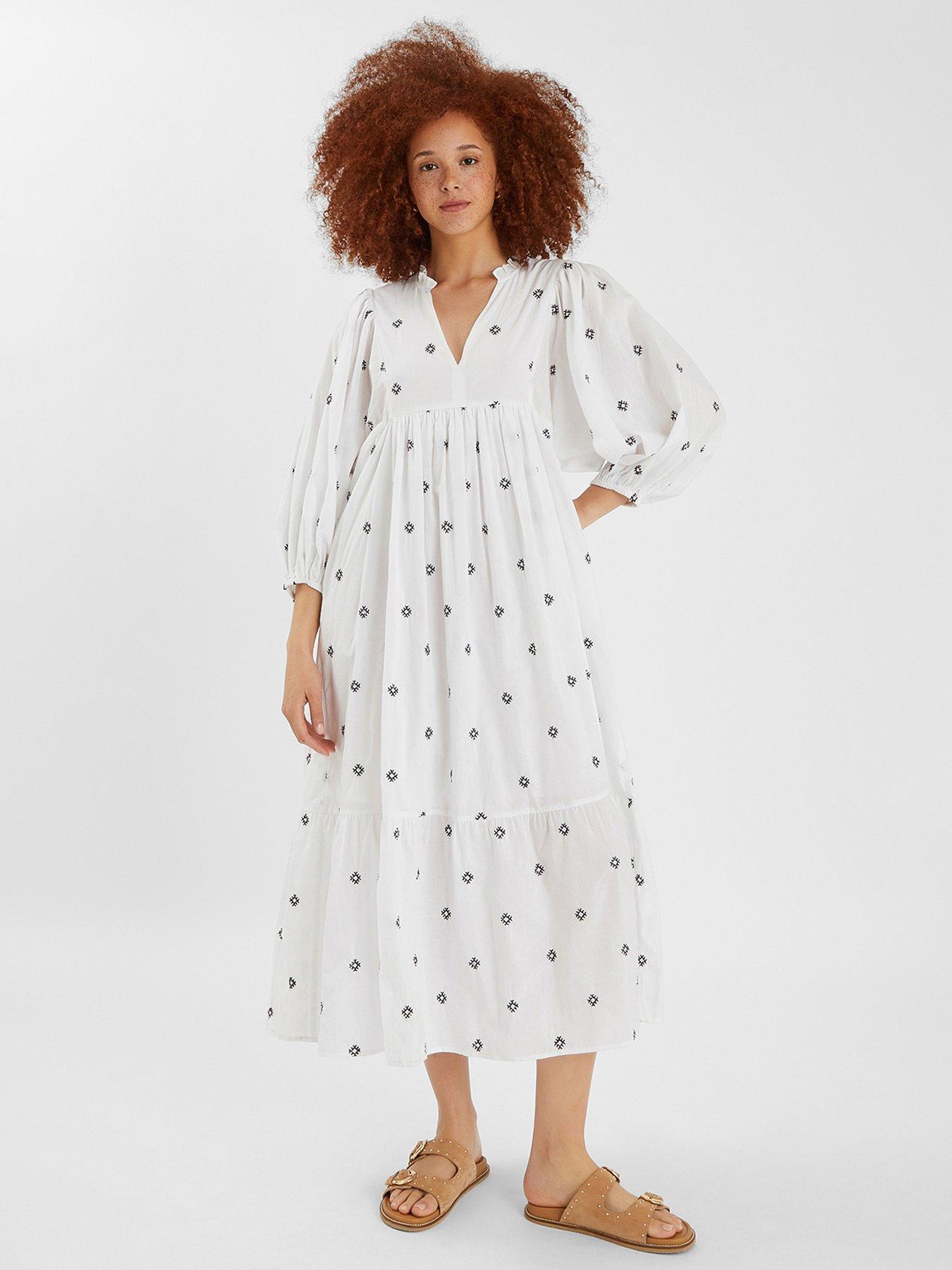 undefined Embroidered Long Sleeve Maxi Dress - White