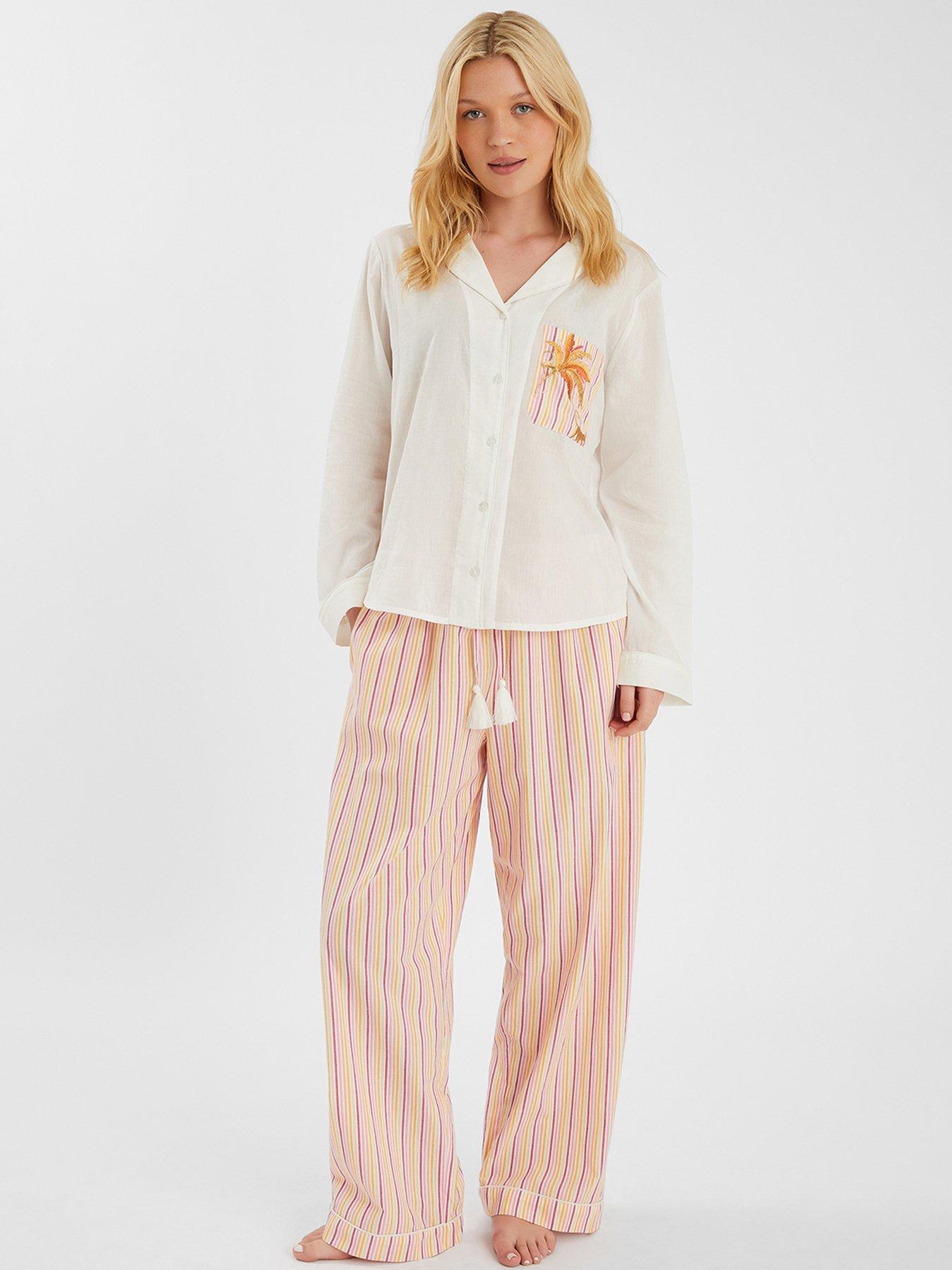 undefined Embroidered Stripe Long Pyjamas Set - Pink