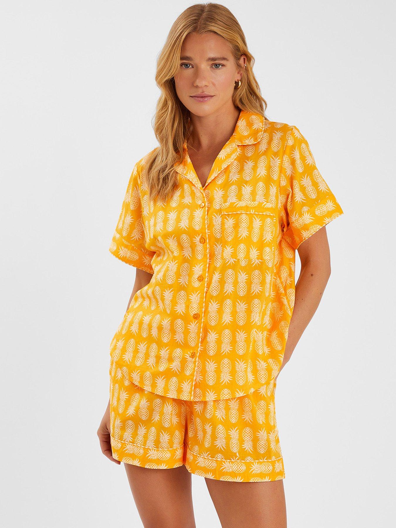 Image 1 of 4 of Accessorize Pineapple Print Short Pyjamas Set - Yellow