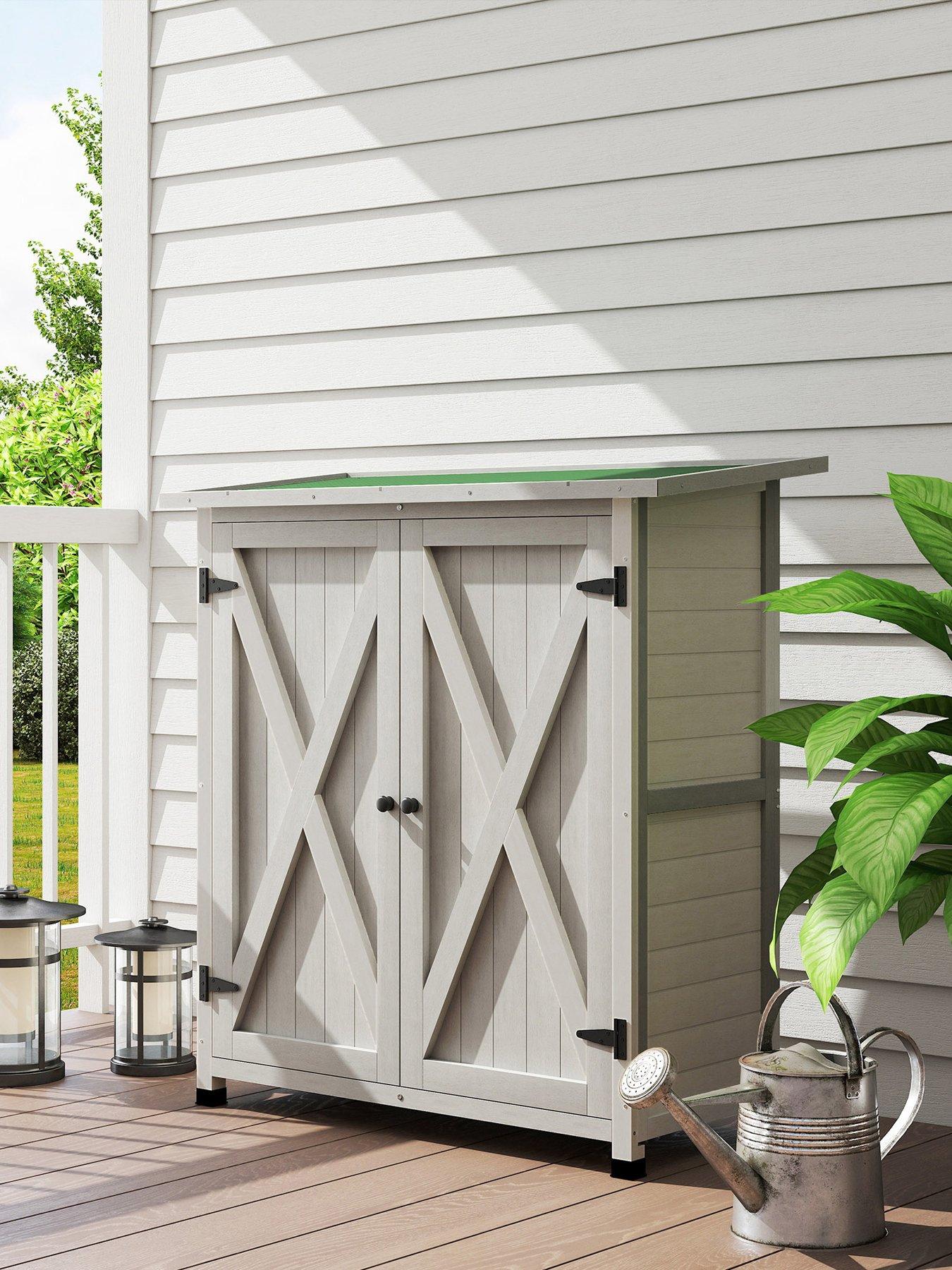 undefined Wood Garden Storage Shed Tool Cabinet w/ Shelves, Light Grey