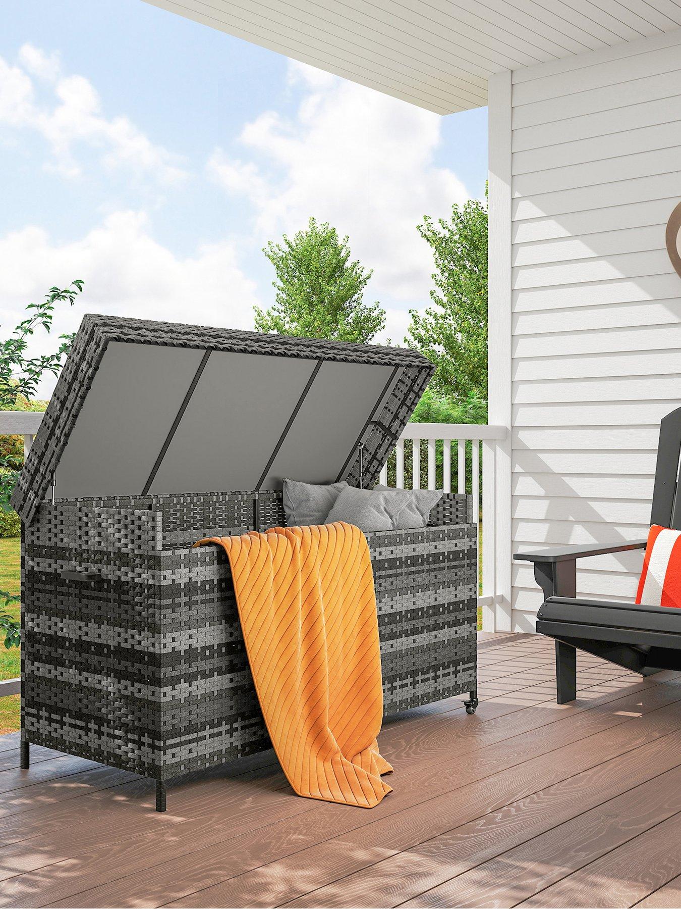 Image 1 of 7 of OutSunny 627 L Rattan Garden Storage Box with Gas Lift Lid and Wheels, Grey