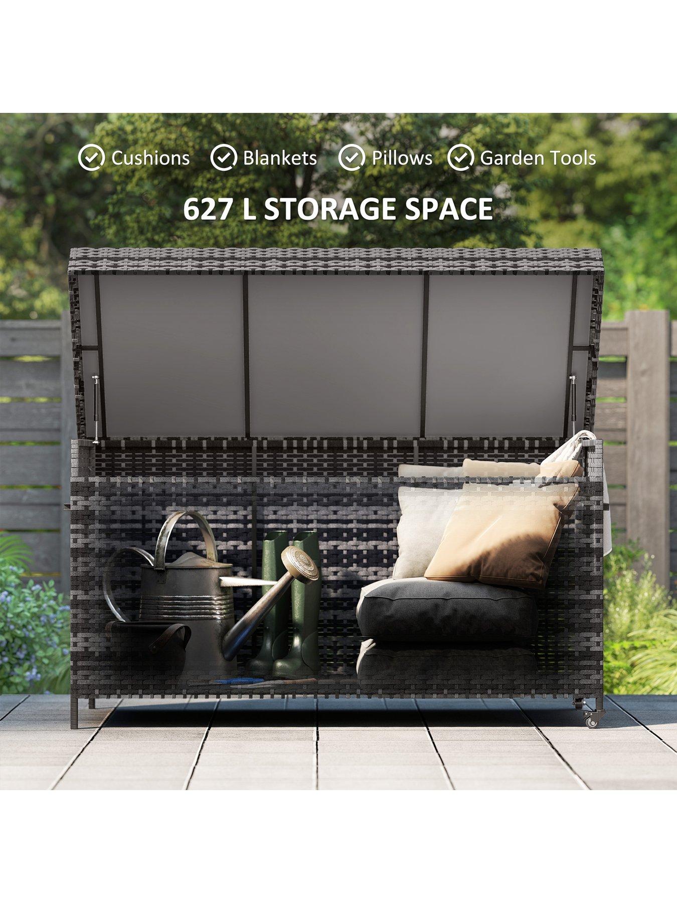 Image 4 of 7 of OutSunny 627 L Rattan Garden Storage Box with Gas Lift Lid and Wheels, Grey