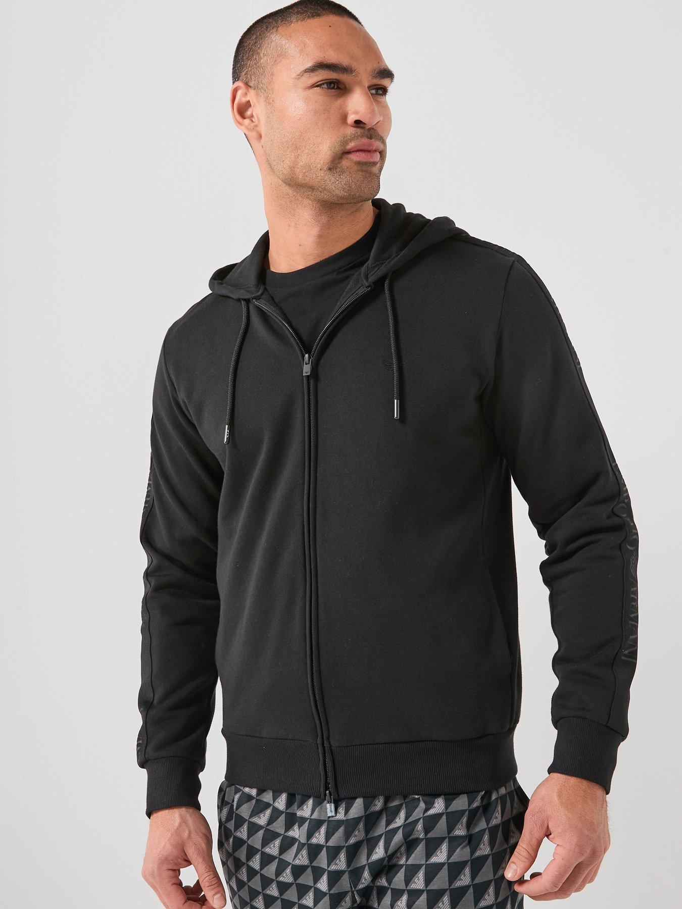 Image 1 of 6 of Emporio Armani Bodywear Basic Terry Tape Zip Through Hooded Lounge Top - Black