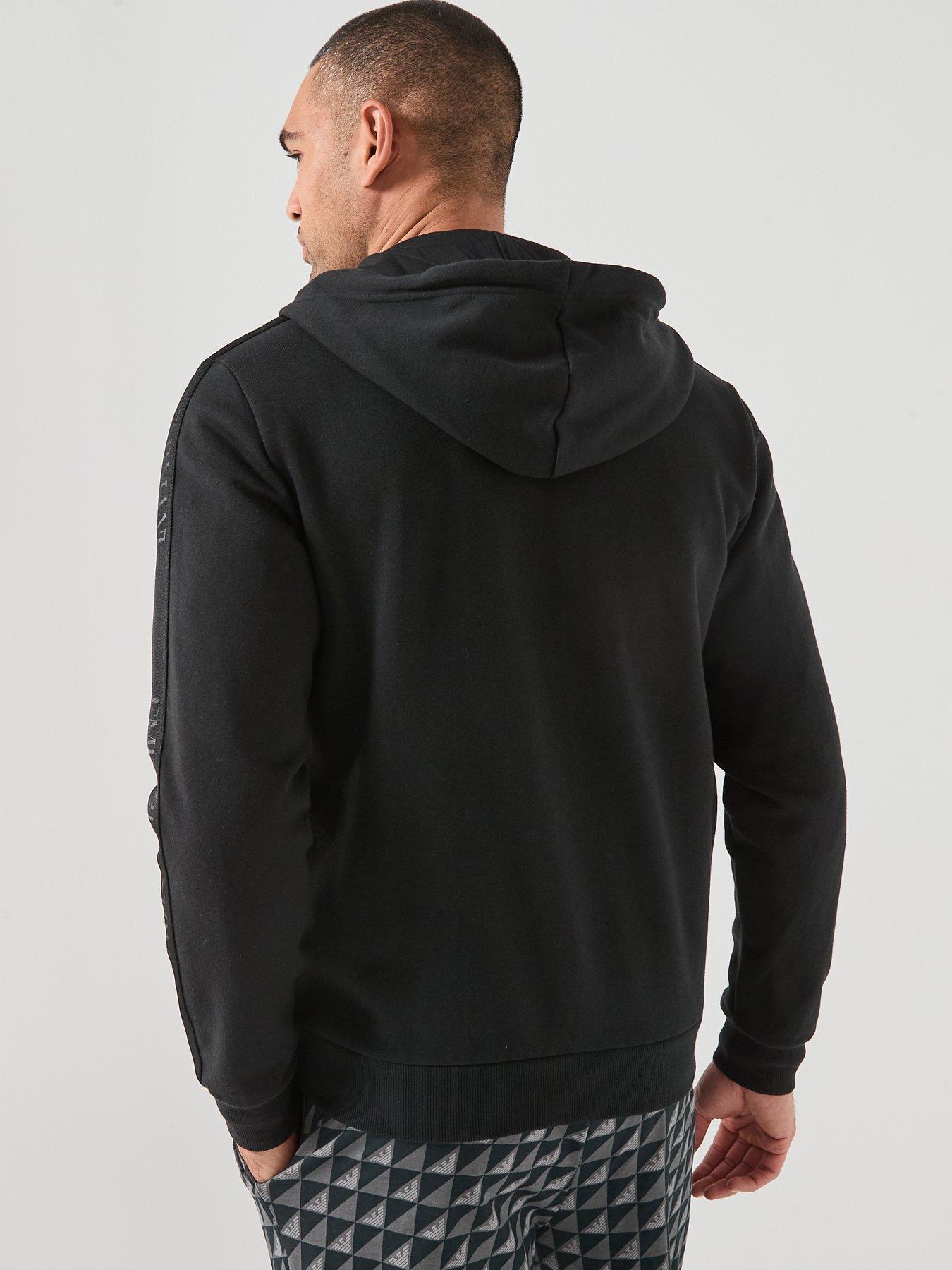 Image 2 of 6 of Emporio Armani Bodywear Basic Terry Tape Zip Through Hooded Lounge Top - Black