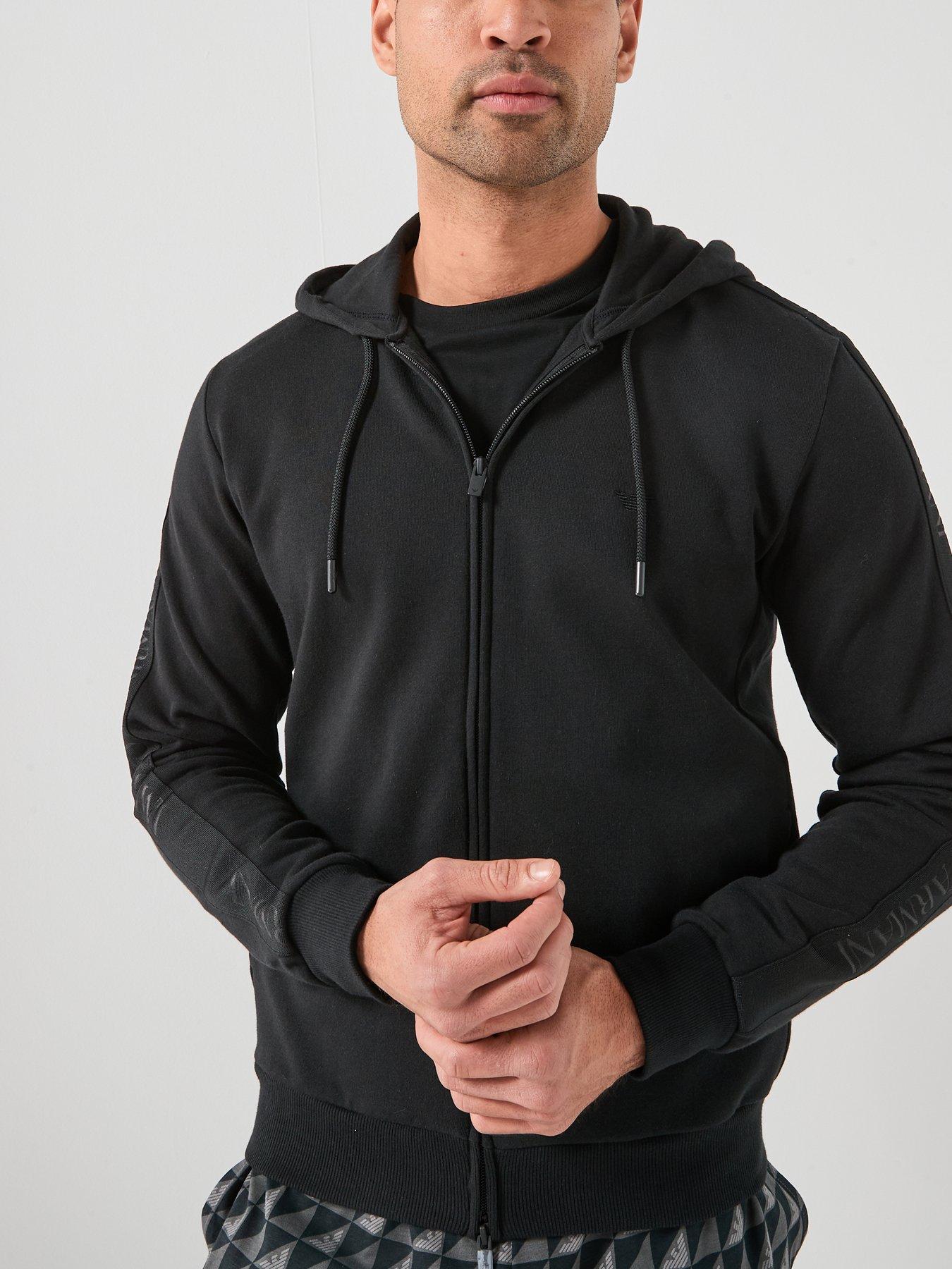 Image 5 of 6 of Emporio Armani Bodywear Basic Terry Tape Zip Through Hooded Lounge Top - Black