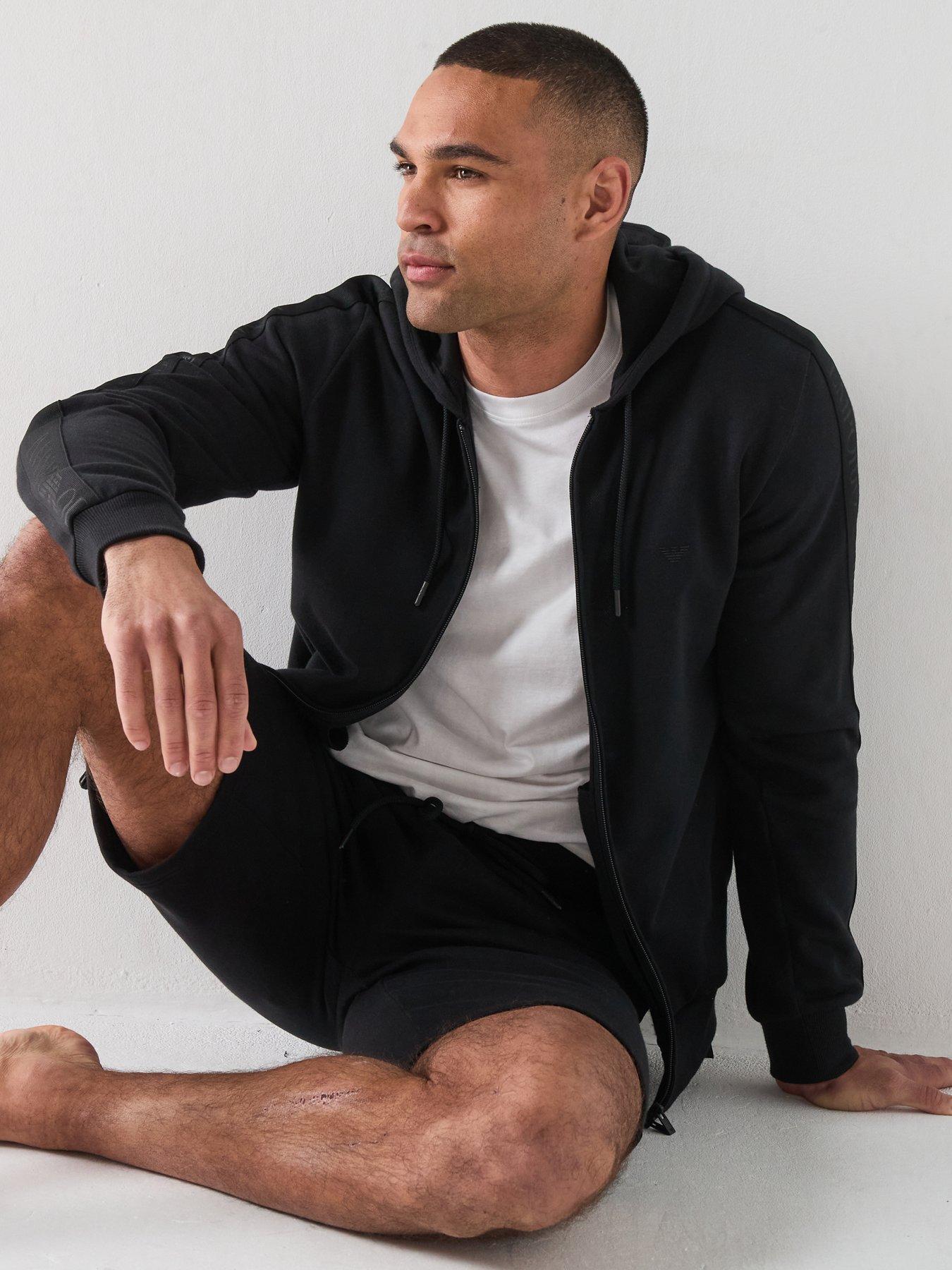 Image 6 of 6 of Emporio Armani Bodywear Basic Terry Tape Zip Through Hooded Lounge Top - Black