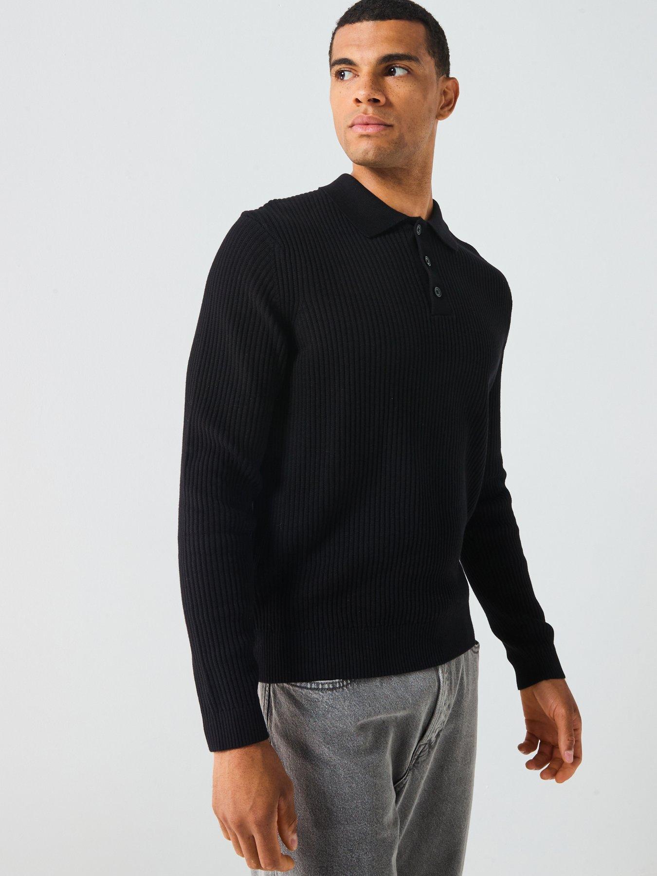 ONLY & SONS: Long Sleeve Knitted Polo Shirt - Black