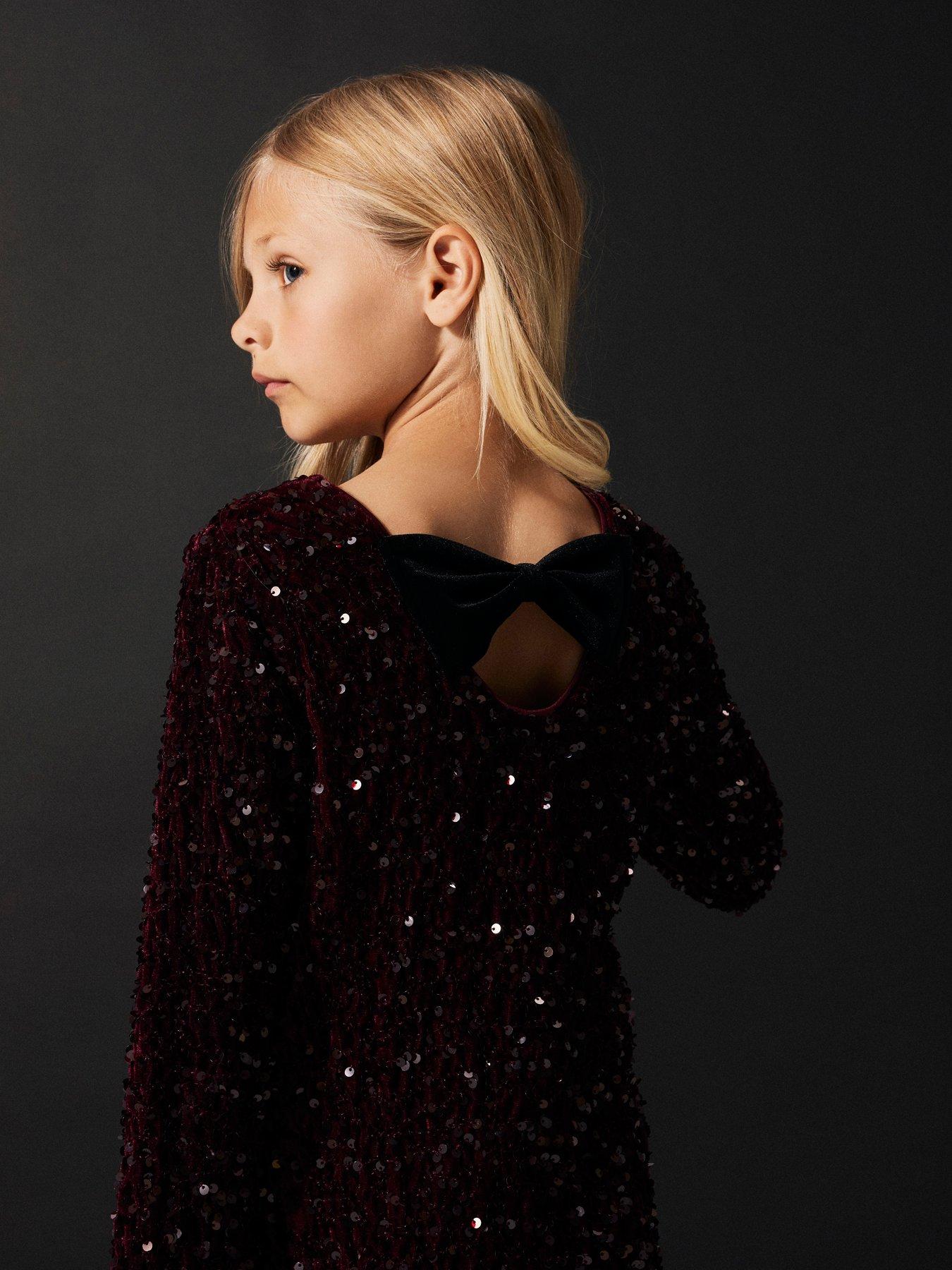 Image 5 of 5 of Name It Girls Long Sleeve Bow Back Sequin Dress - Dark Red