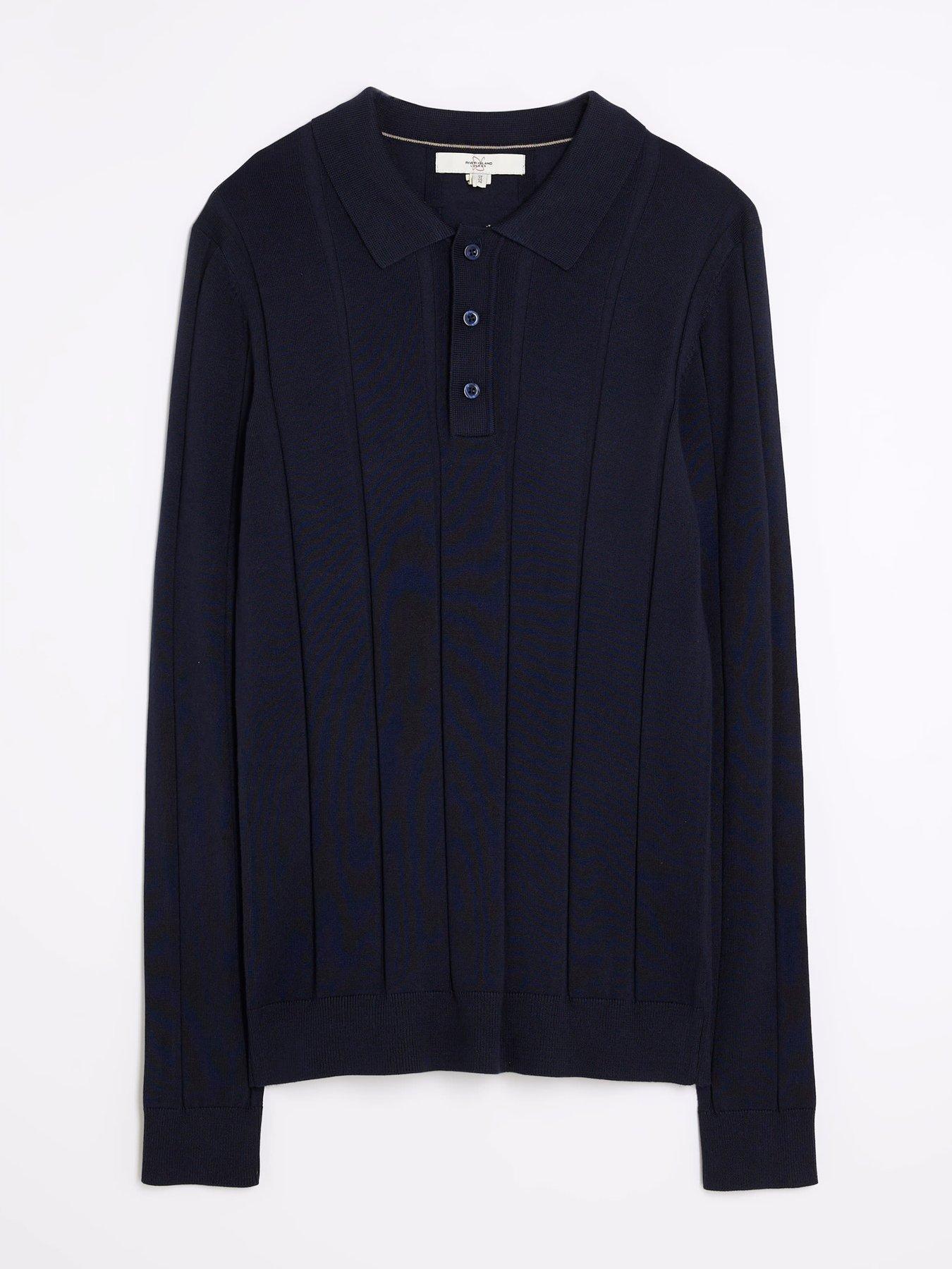 River Island Long Sleeve Ribbed Muscle Fit Knitted Polo Shirt