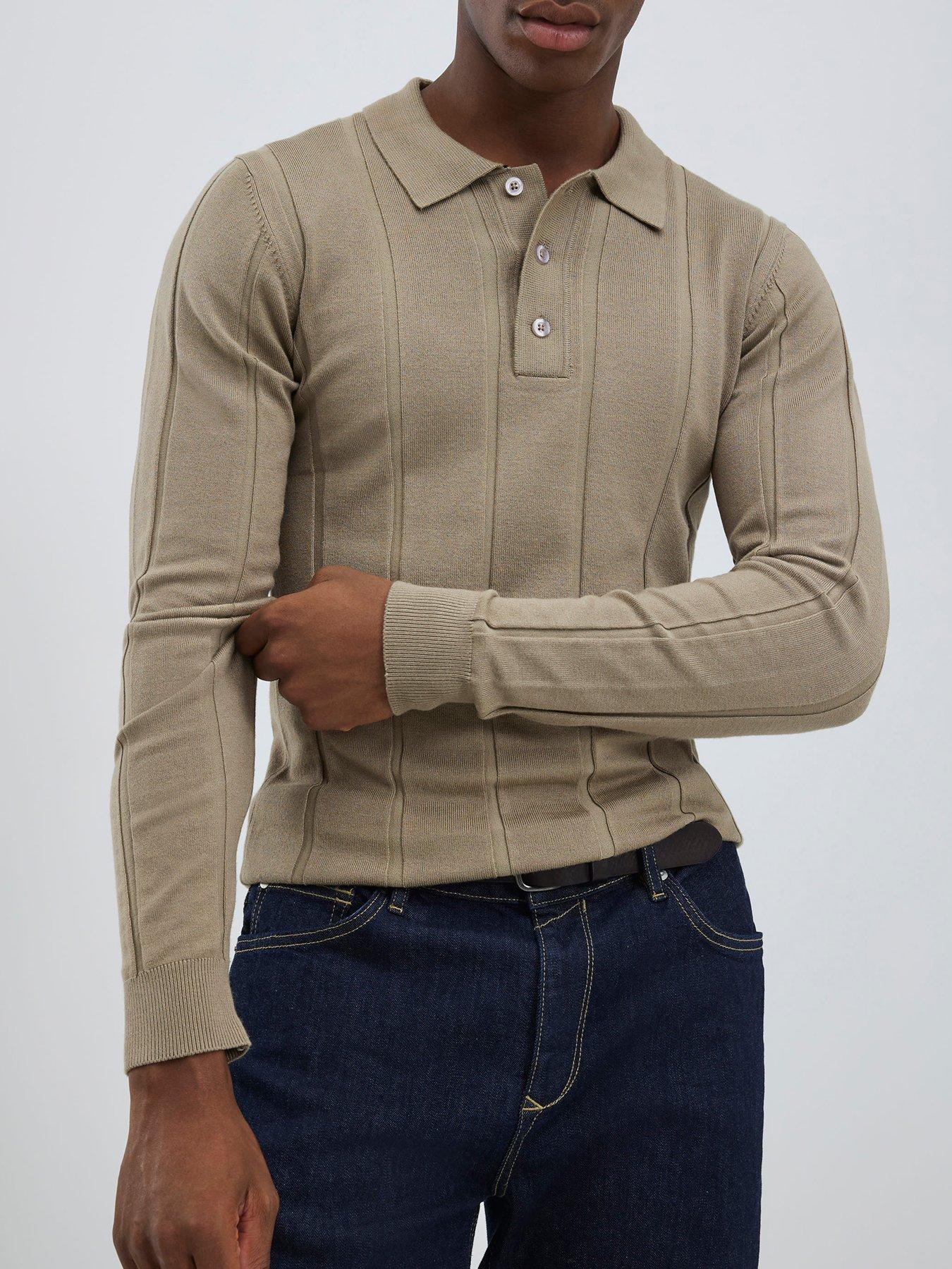 River Island Long Sleeve Ribbed Muscle Fit Knitted Polo Shirt - Beige