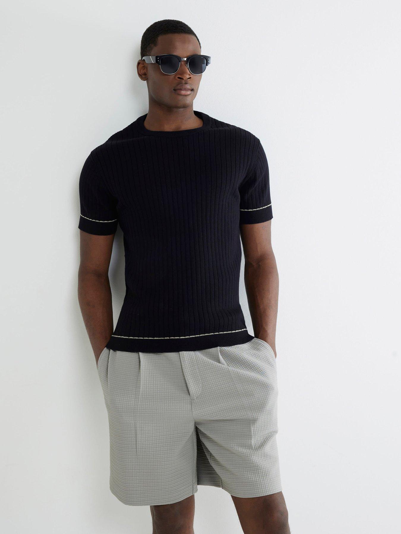 undefined Short Sleeve Rib Knitted T-Shirt - Black