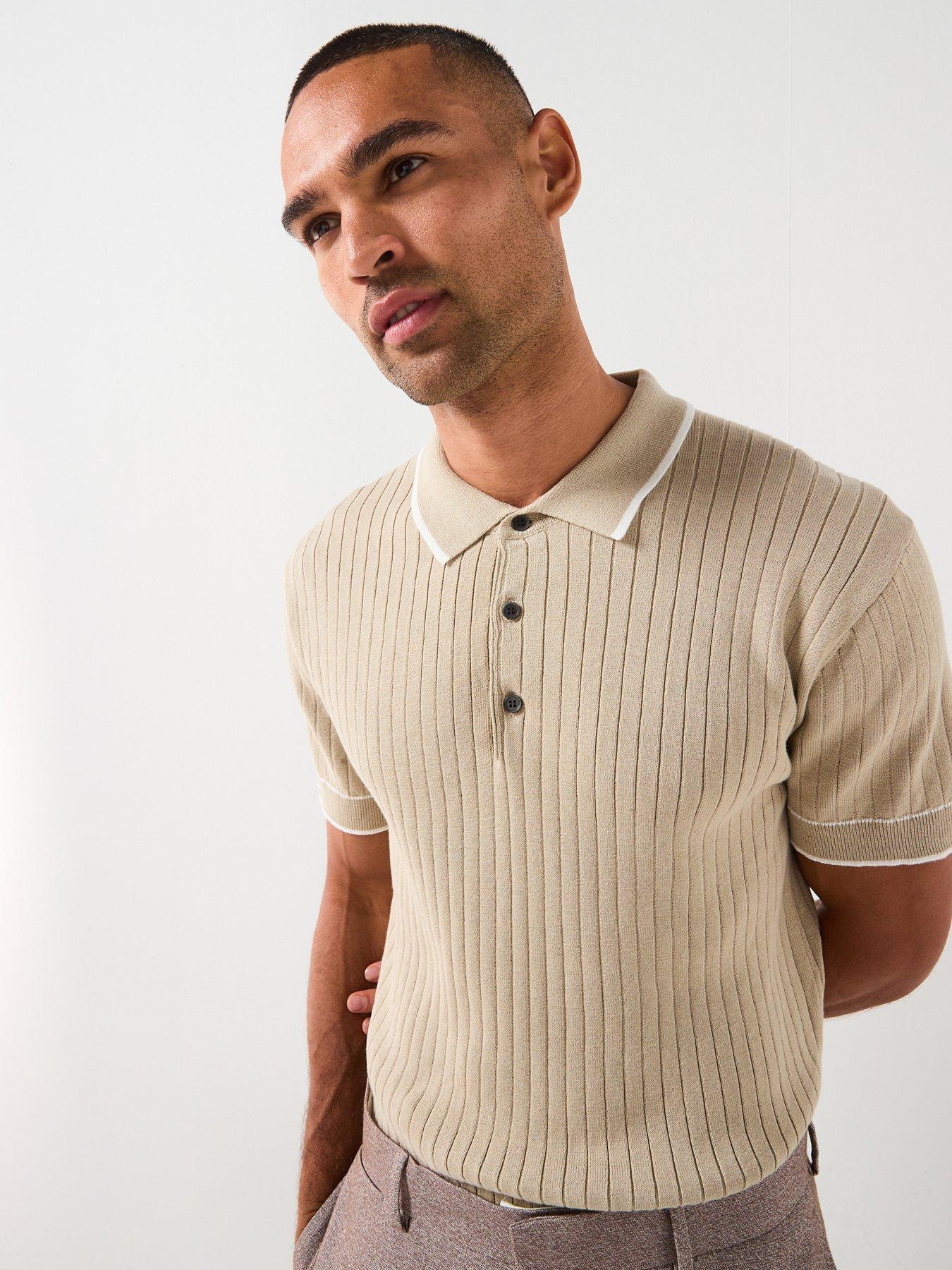 River Island Short Sleeve Rib Knitted Polo Shirt - Beige