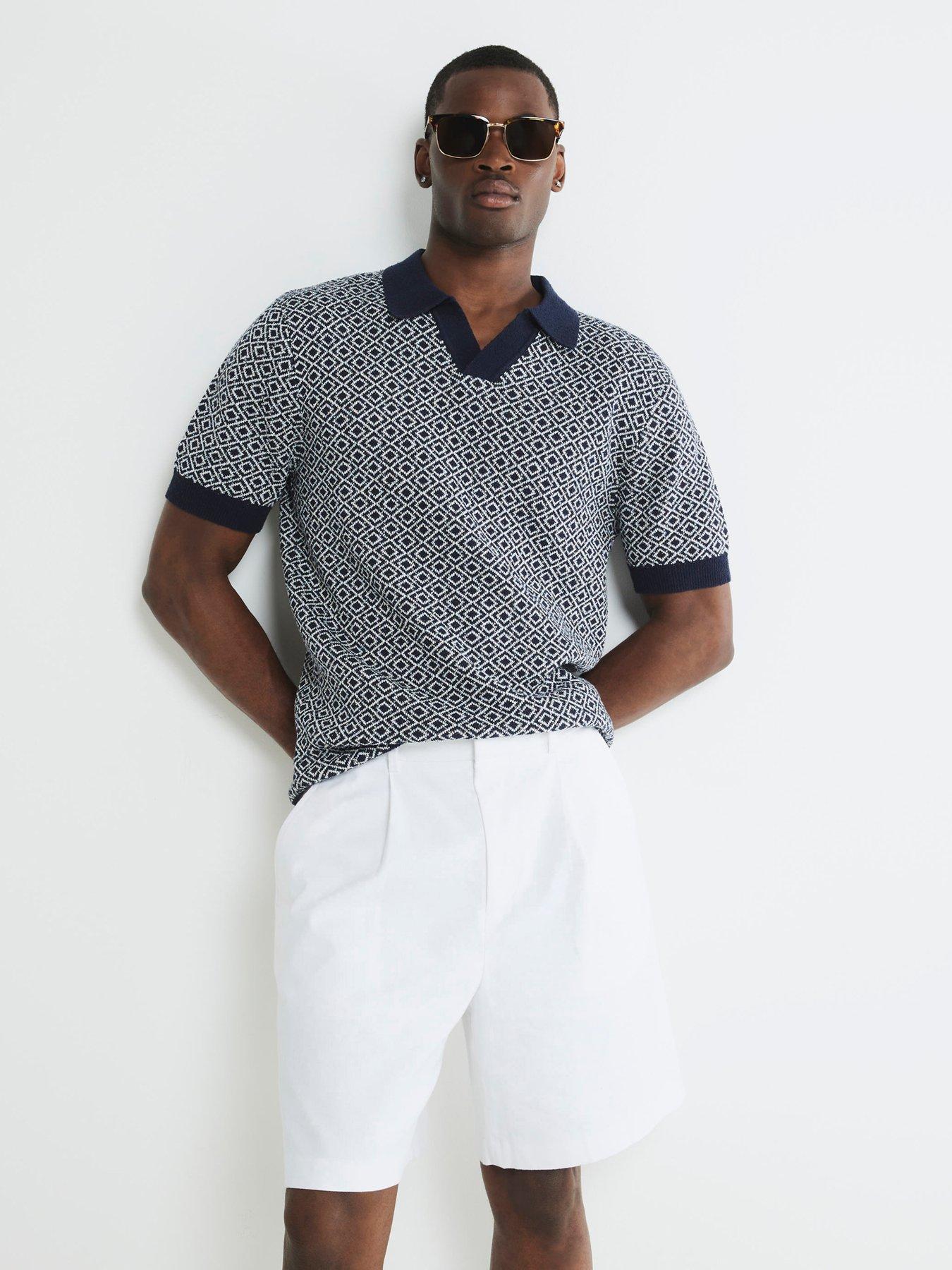 undefined Short Sleeve Geo Pattern Boucle Knitted Polo Shirt - Navy