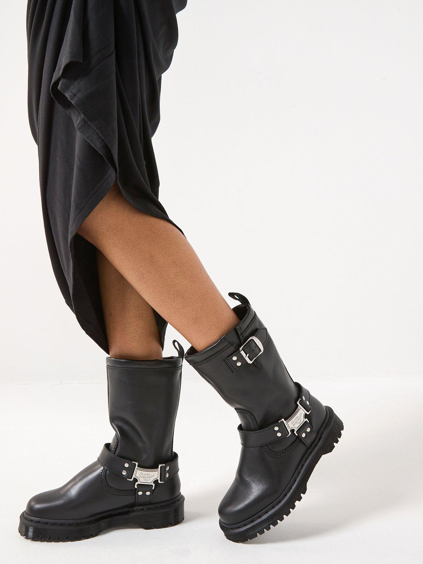 Dr Martens Anistone Tall Pull On Leather Biker Boots - Black