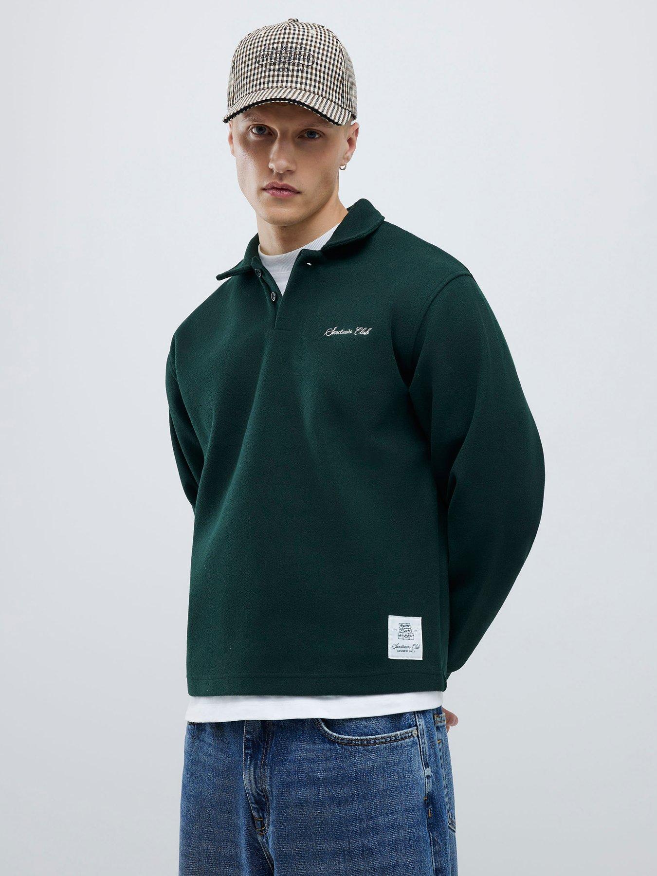 River Island Long Sleeve Sanctuaire Back Print Felted Polo Shirt - Green