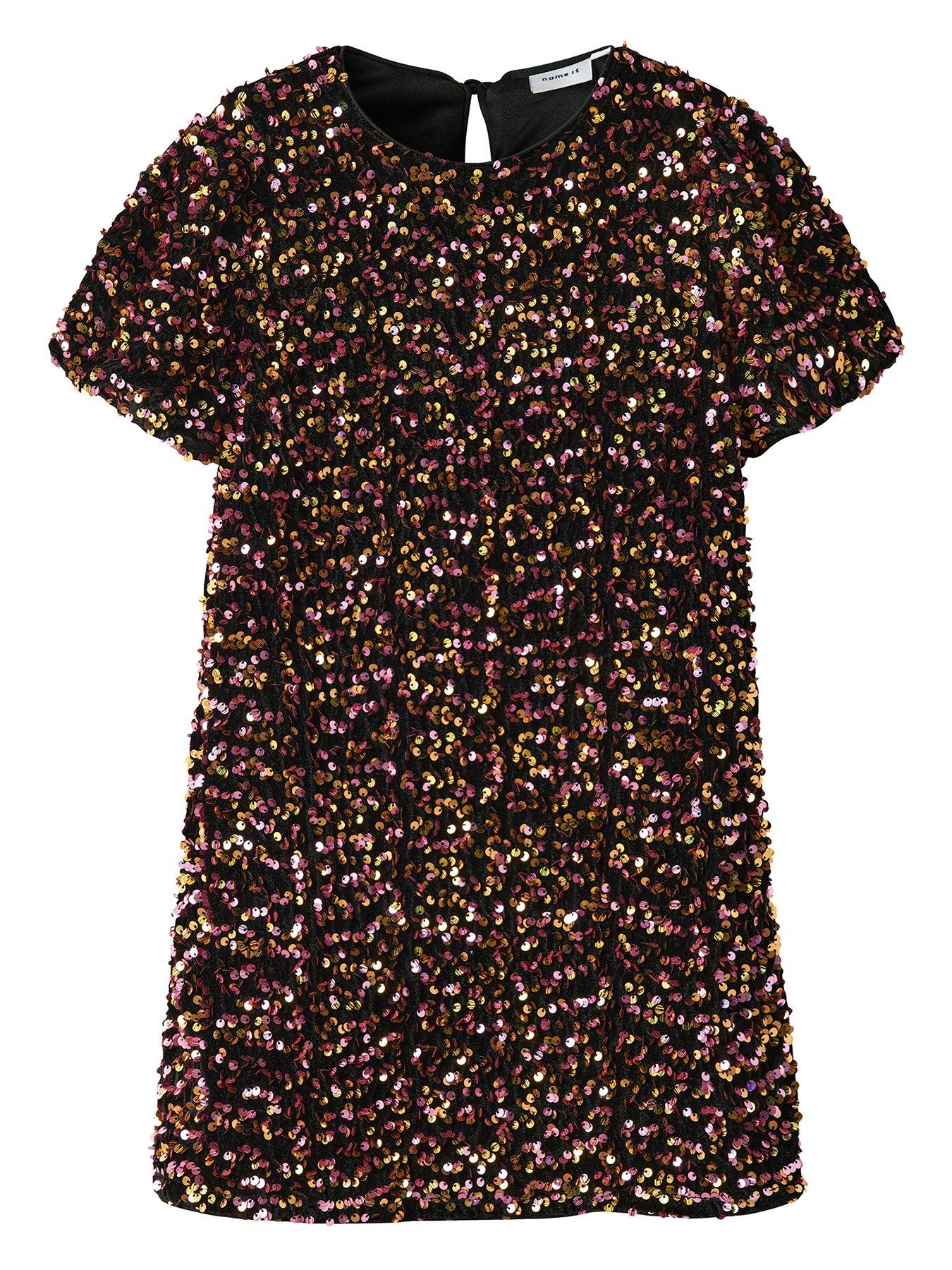 Image 1 of 3 of Name It Girls Short Sleeve Sequin Dress - Gold
