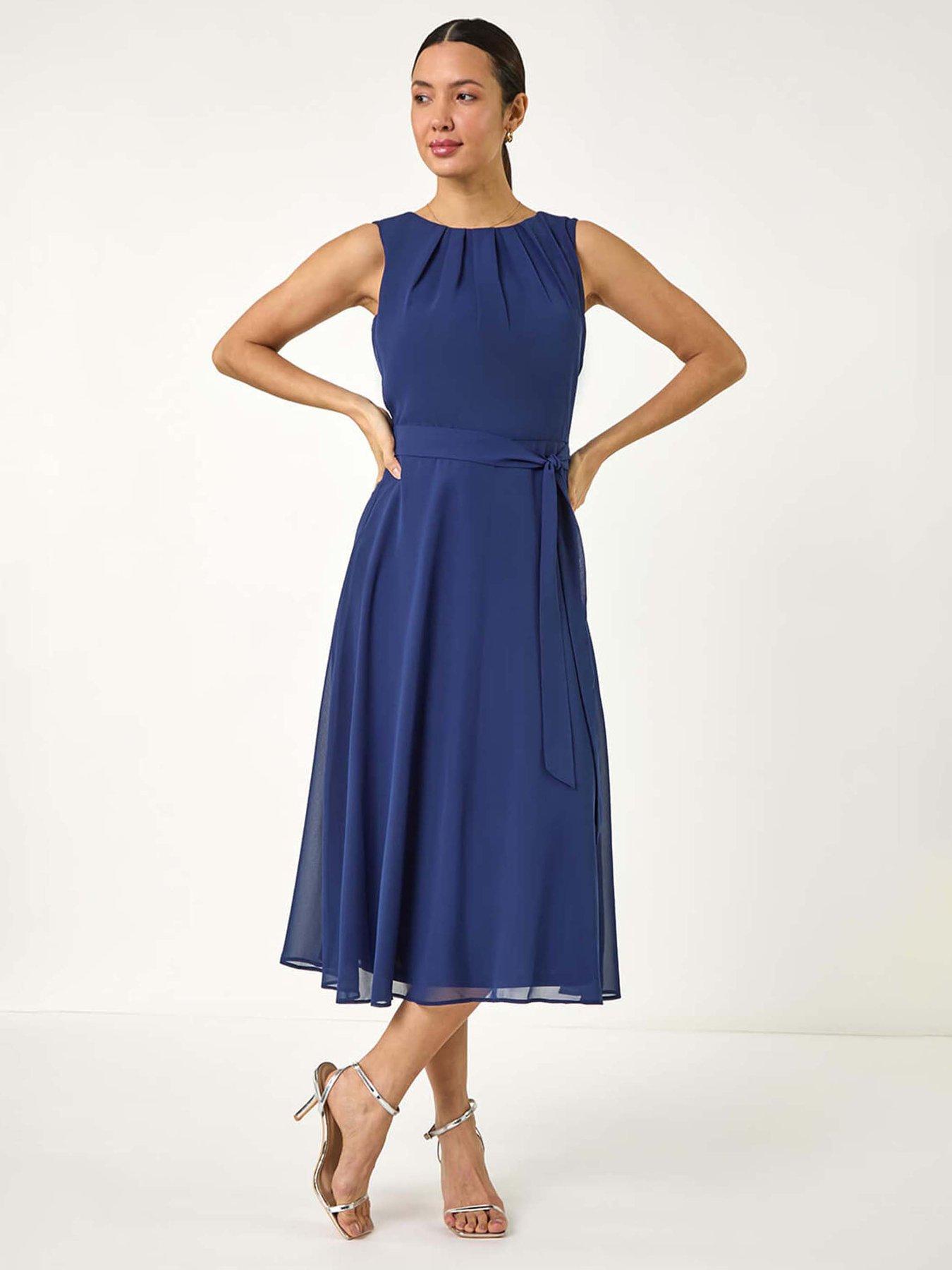 Roman Chiffon Pleated Neck Midi Dress - Navy