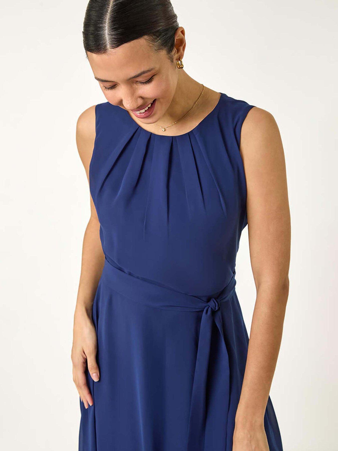 Roman Chiffon Pleated Neck Midi Dress - Navy | Very
