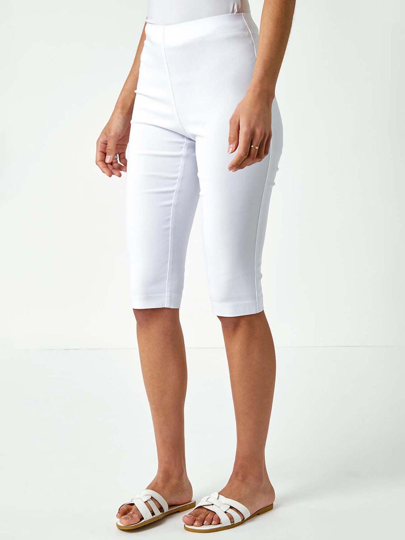 undefined Elastic Waist Knee Length Stretch Shorts - White