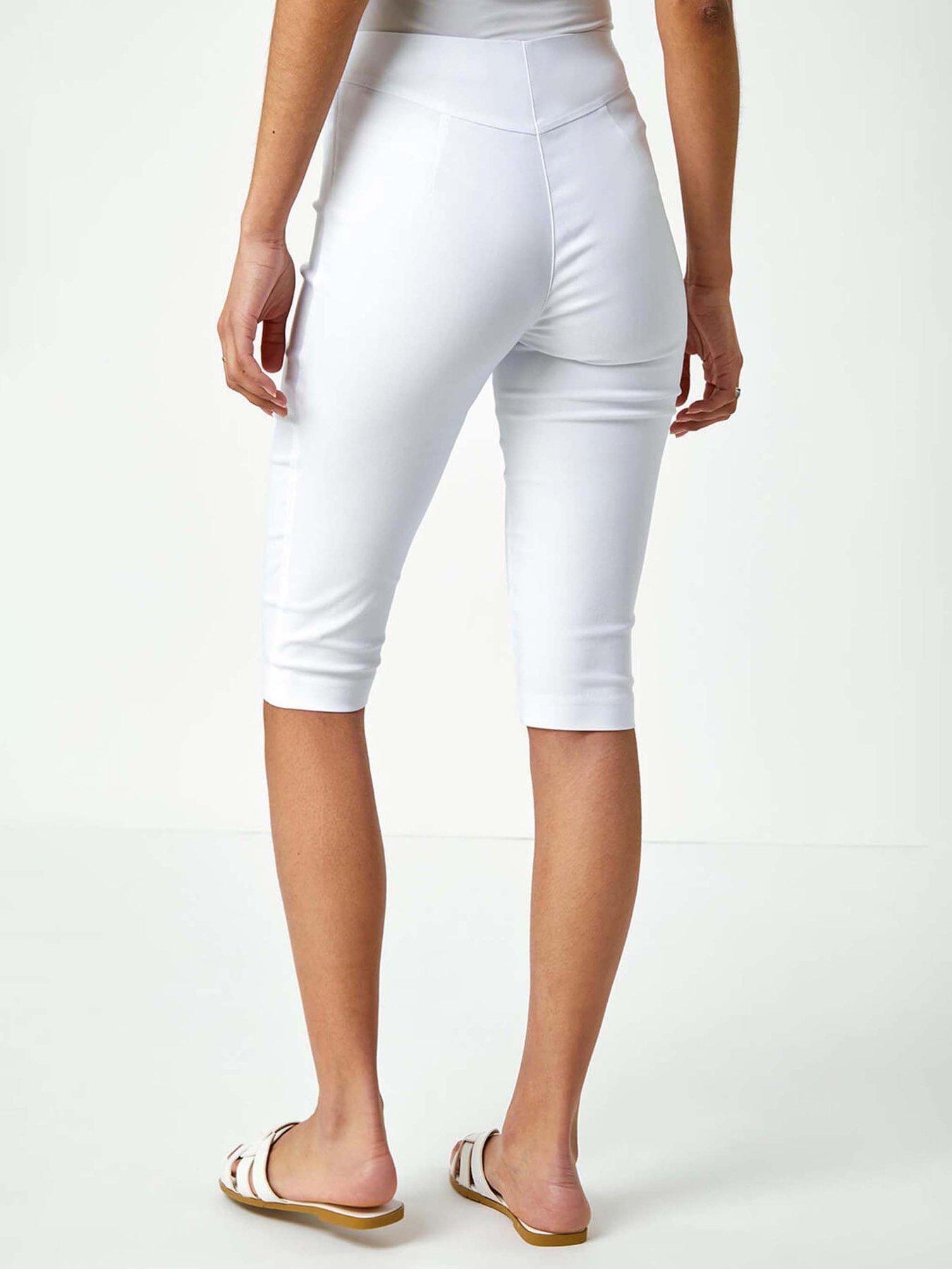 Image 2 of 5 of Roman Elastic Waist Knee Length Stretch Shorts - White