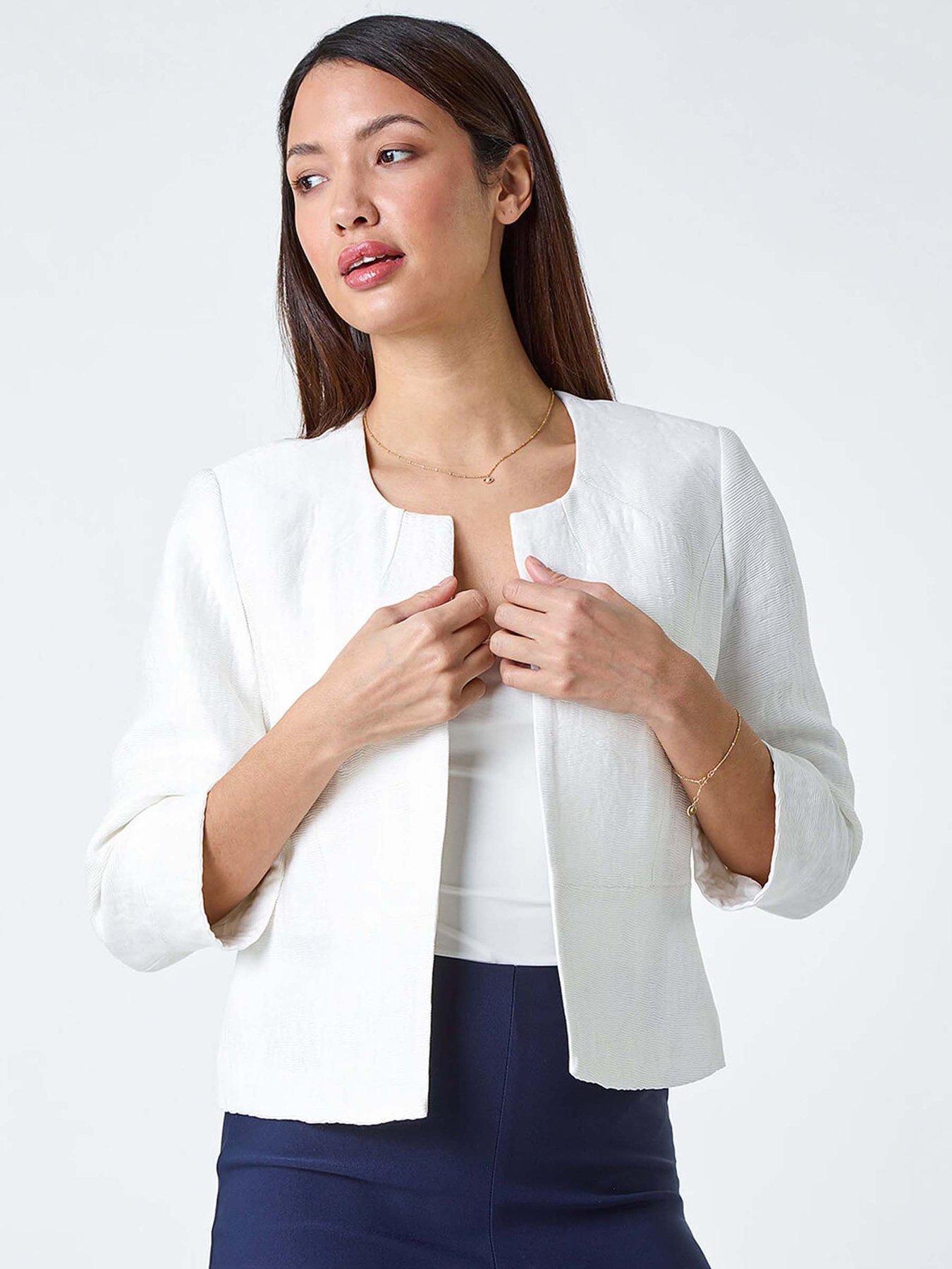 undefined 3/4 Sleeve Pleated Textured Cropped Jacket - Ivory