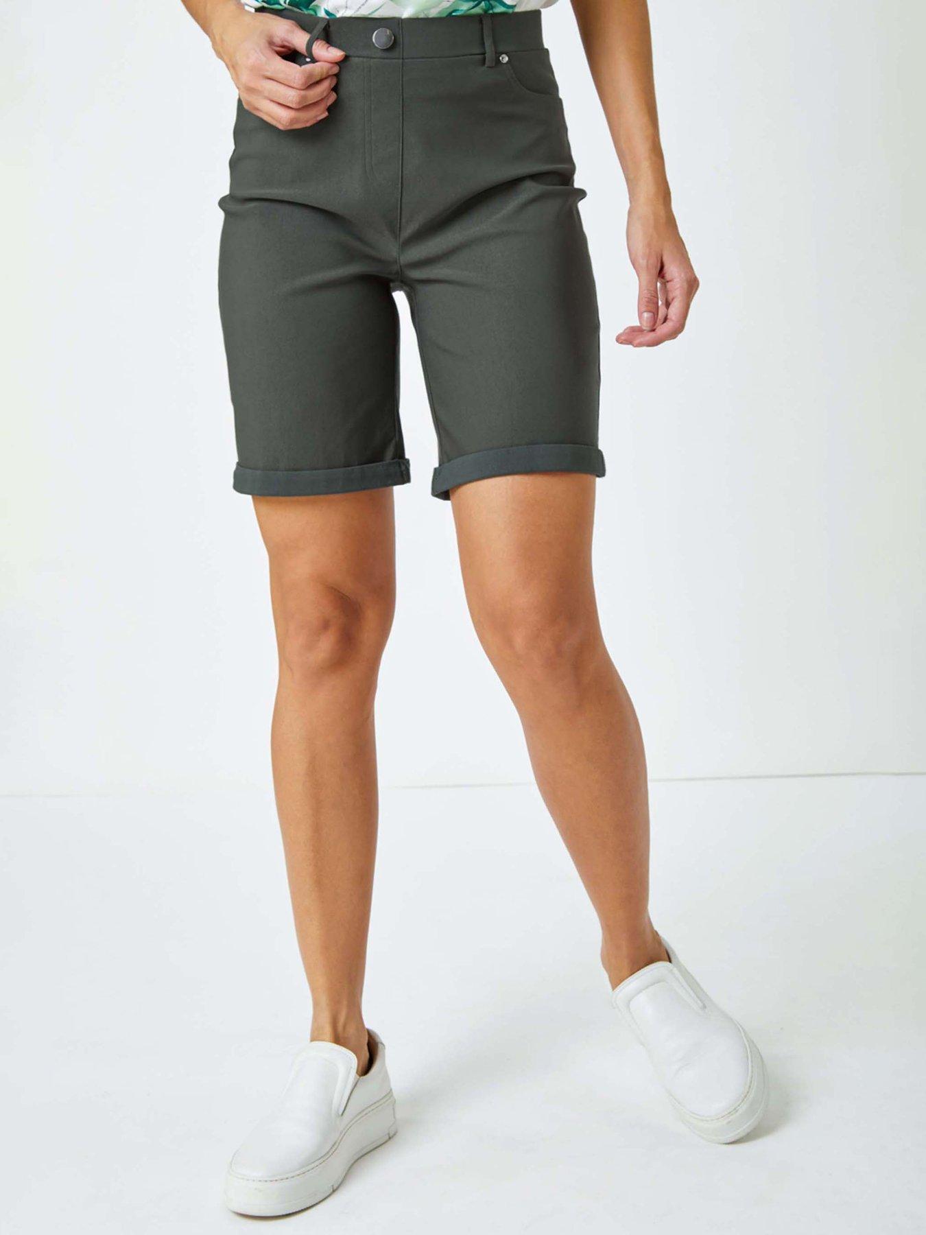 undefined Elastic Waist Turn Up Stretch Shorts - Forest