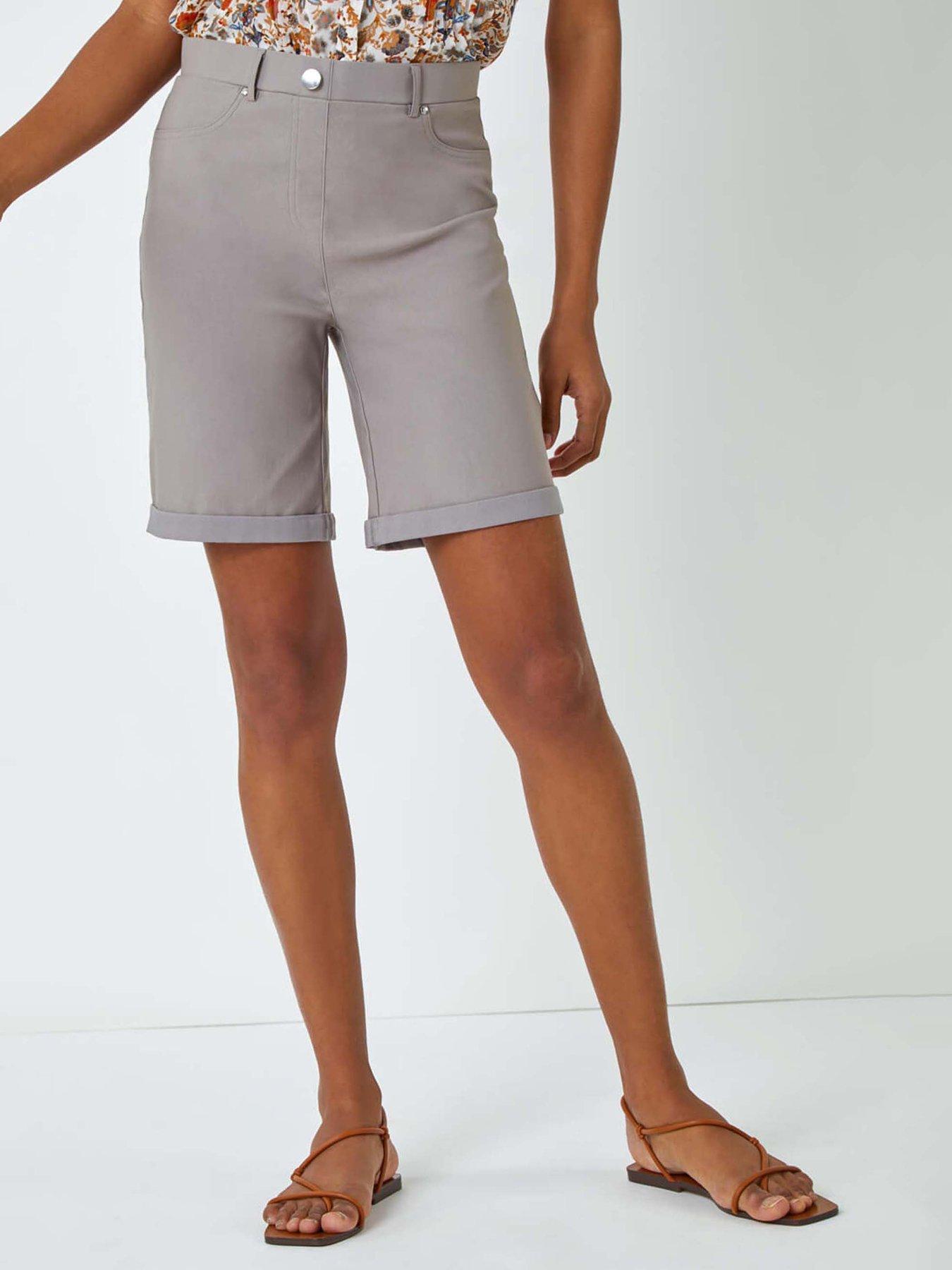 undefined Elastic Waist Turn Up Stretch Shorts - Taupe