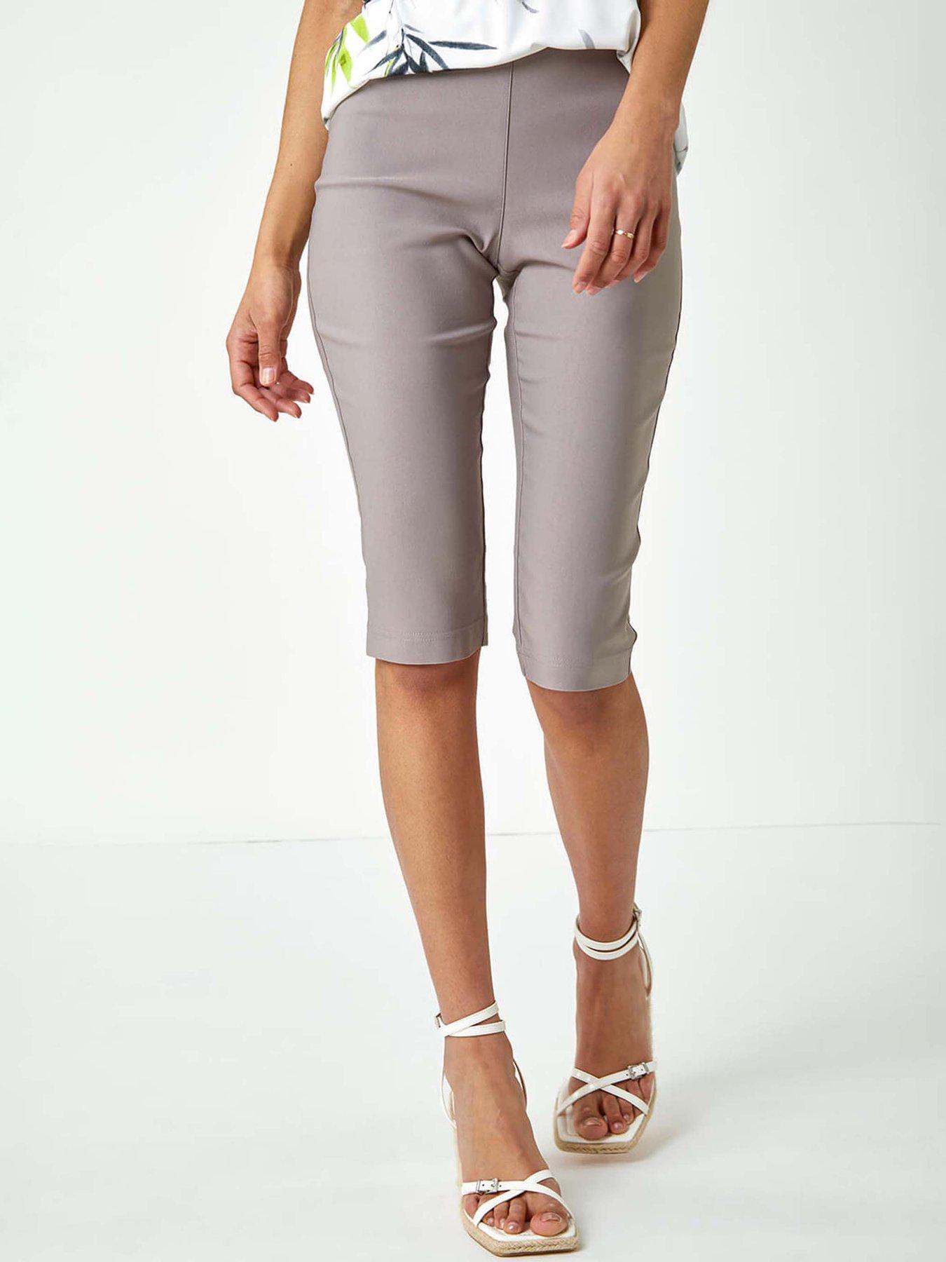 undefined Elastic Waist Knee Length Stretch Shorts - Taupe