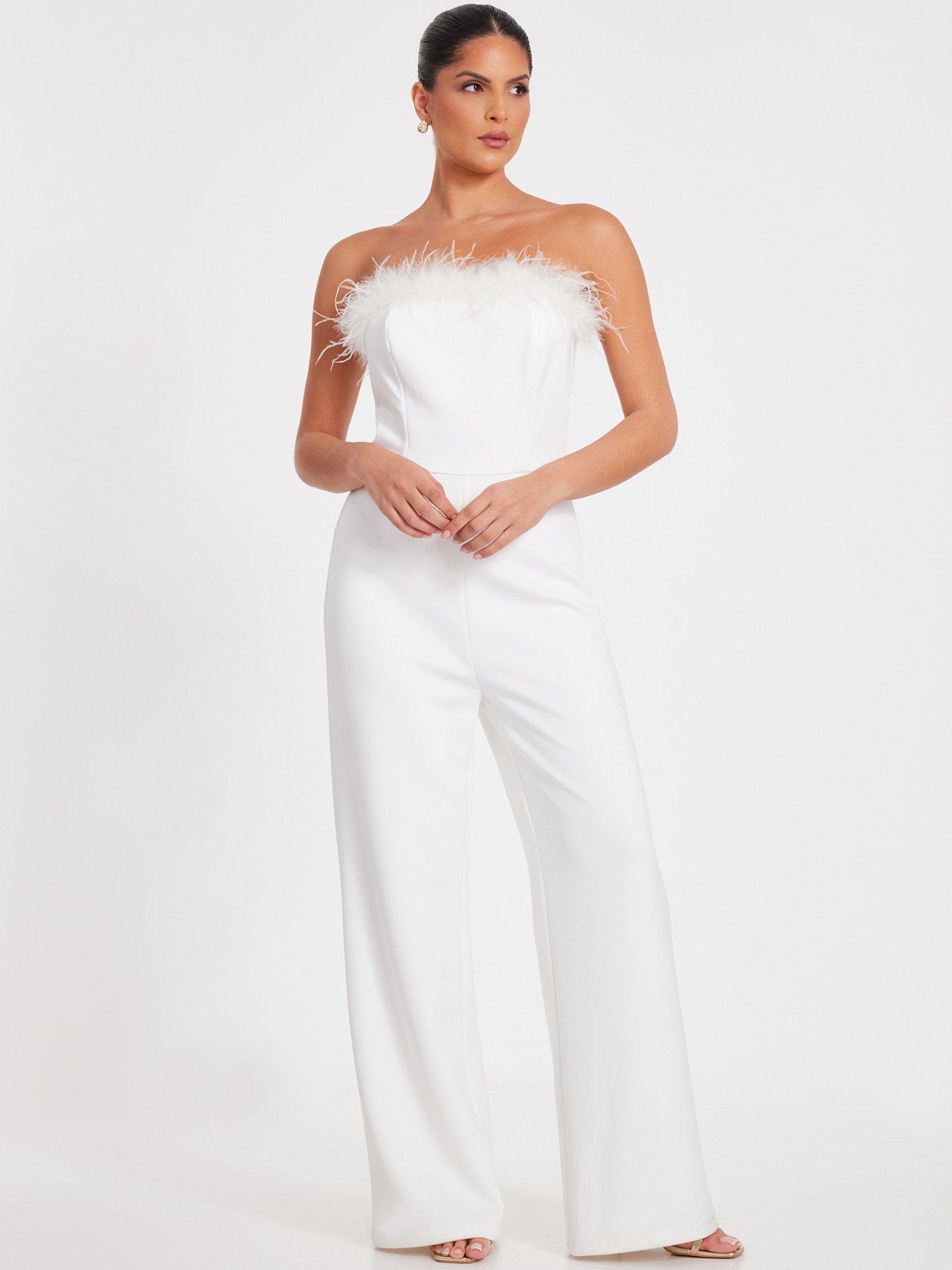 undefined White Feather Trim Jumpsuit