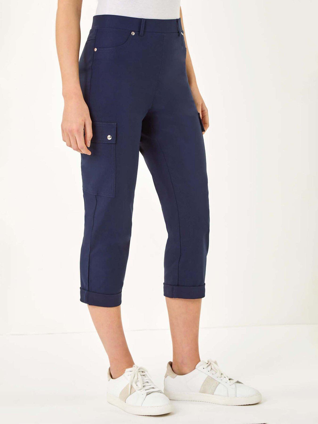 undefined Elastic Waist Turn Up Stretch Cargo Trousers - Navy