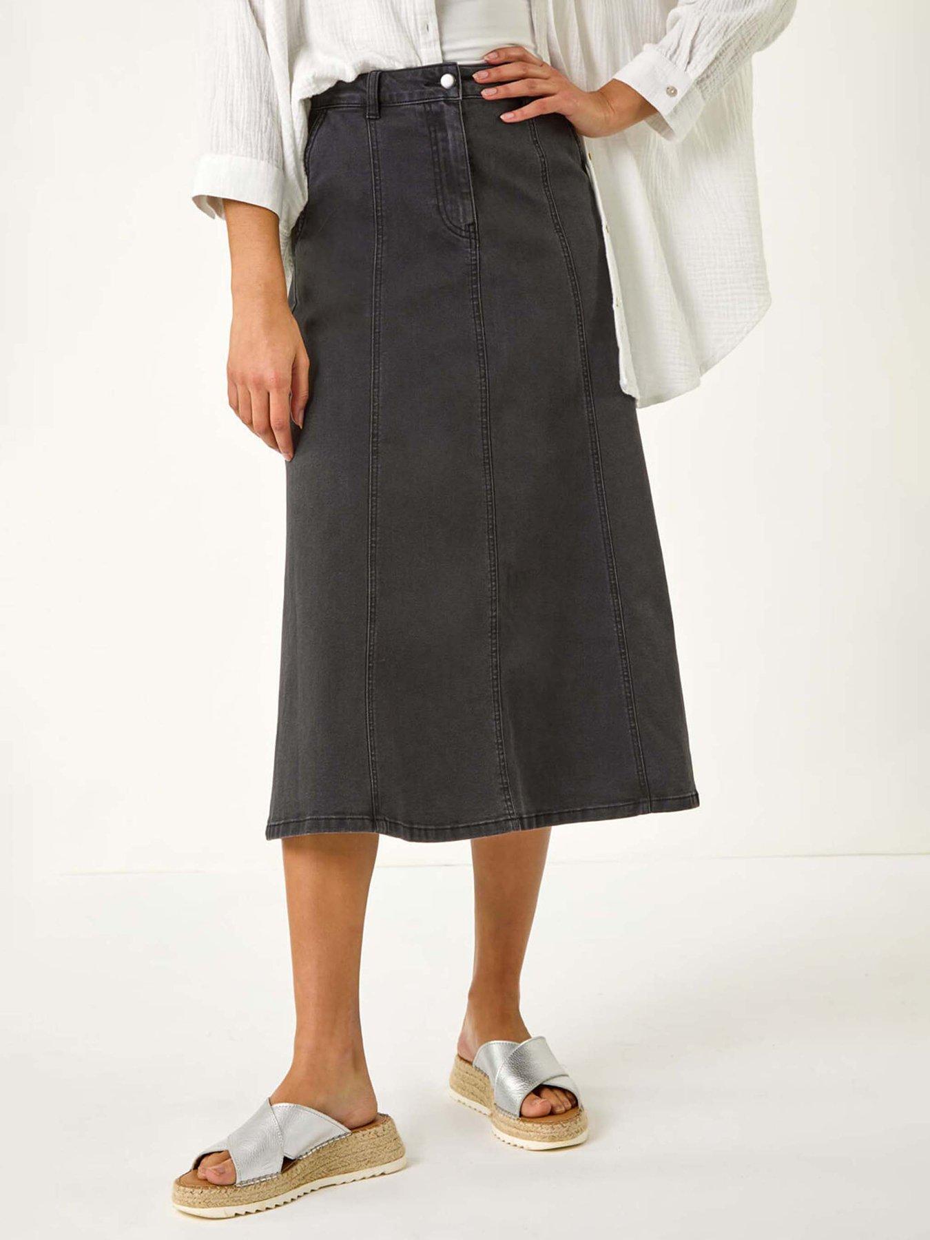 undefined Cotton Denim Panelled Midi Skirt - Black