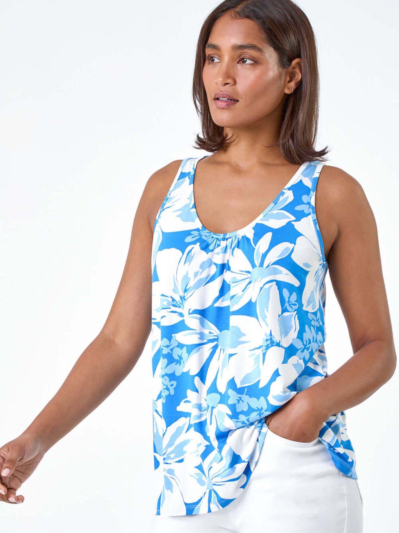 Roman Sleeveless Floral Print Stretch V-neck Vest - Blue