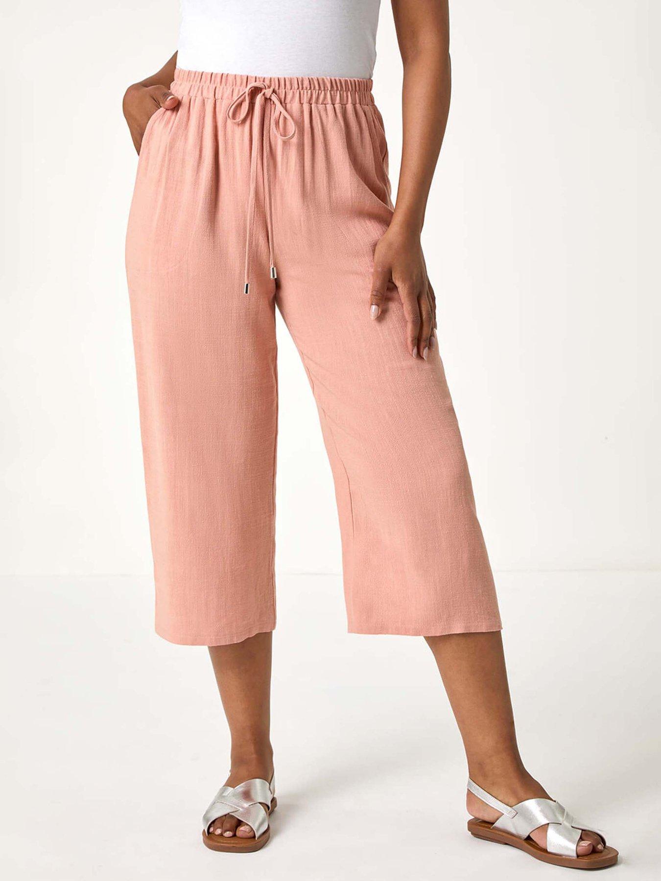 undefined Petite Linen Mix Wide Cropped Trousers - Pink