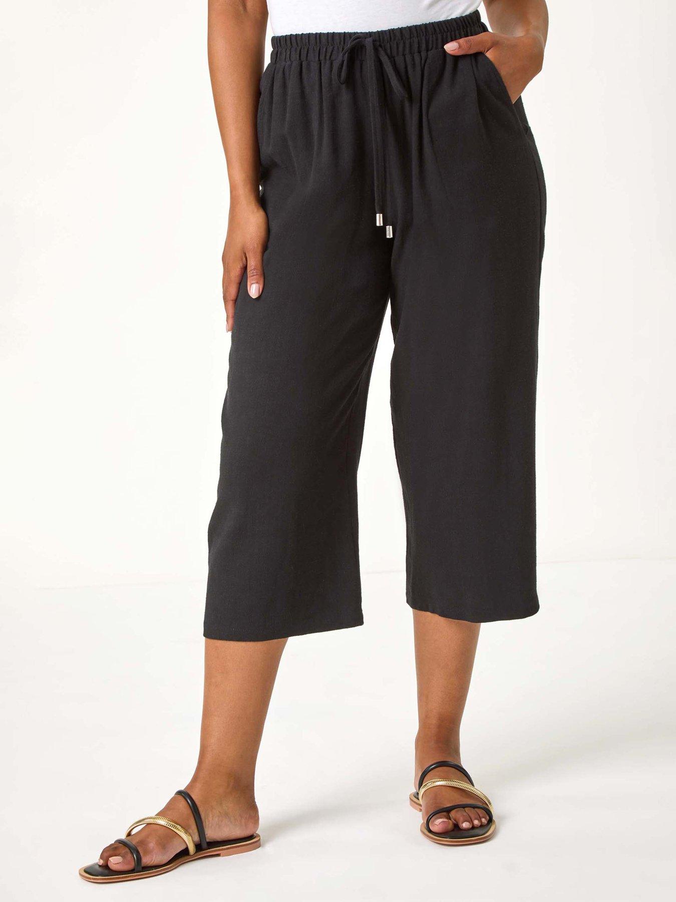 Roman Petite Linen Mix Wide Cropped Trousers, Black, Size 18, Women