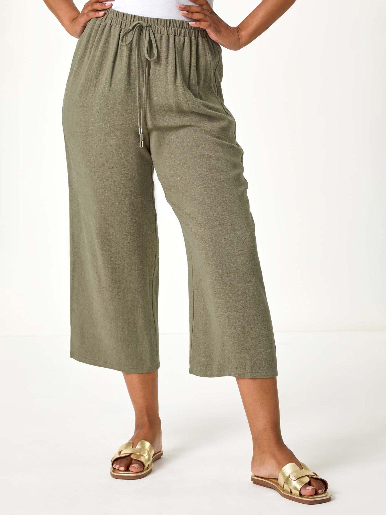 Roman Petite Linen Mix Wide Cropped Trousers - Khaki
