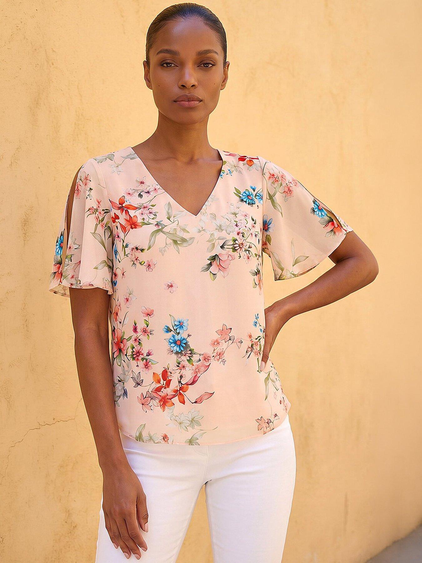 Roman Floral Angel Sleeve Top, Navy, Size 16, Women