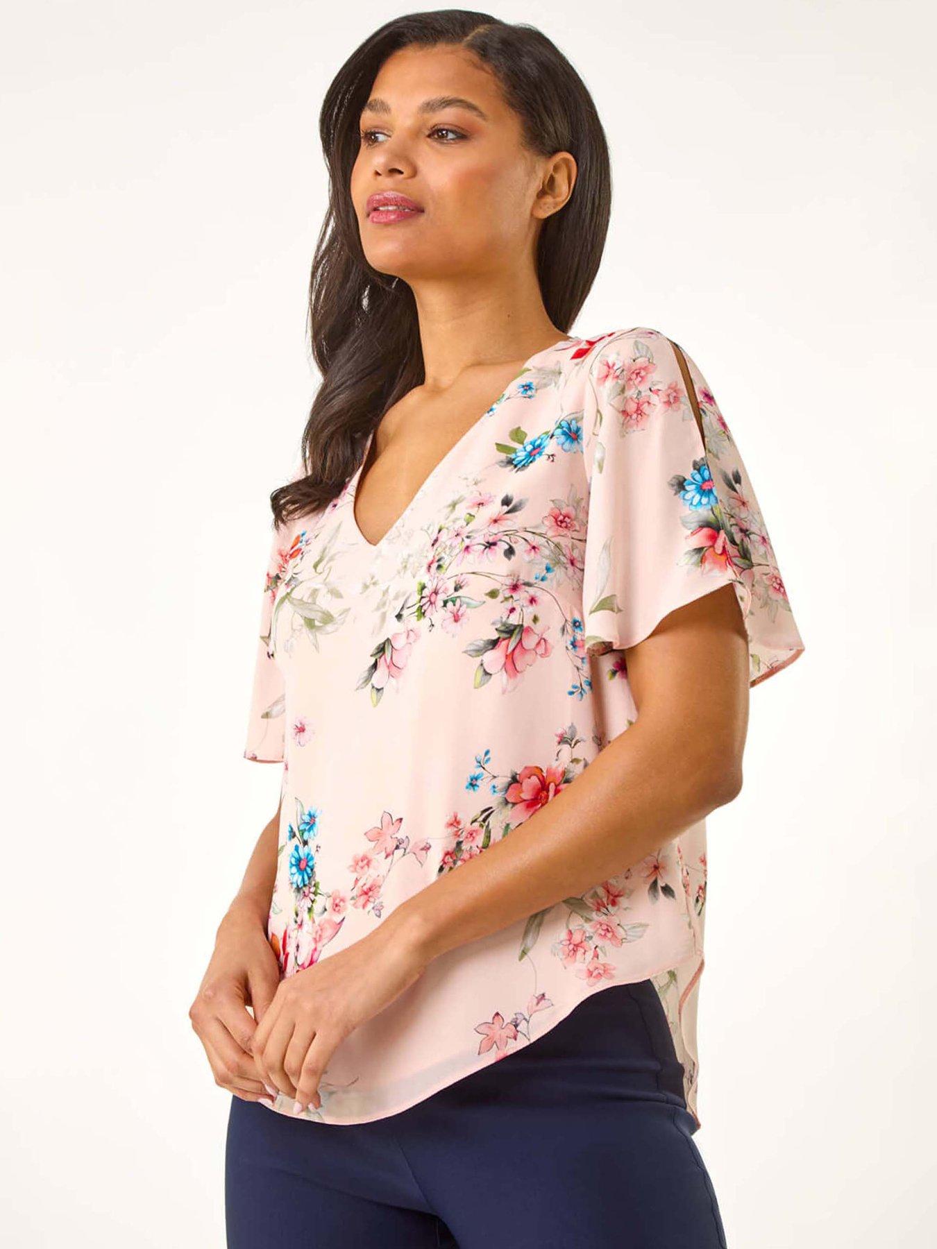 Roman Floral Angel Sleeve Top - Light Pink