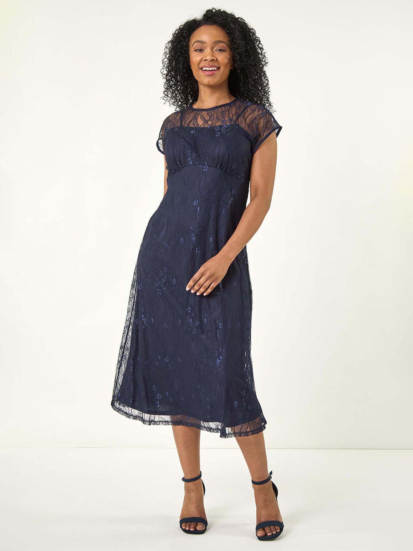 Roman Petite Lace Stretch Midi Dress - Navy | Very
