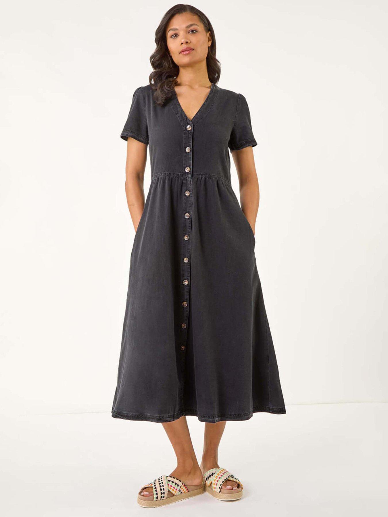 Roman Denim Button Through Midi Dress - Black