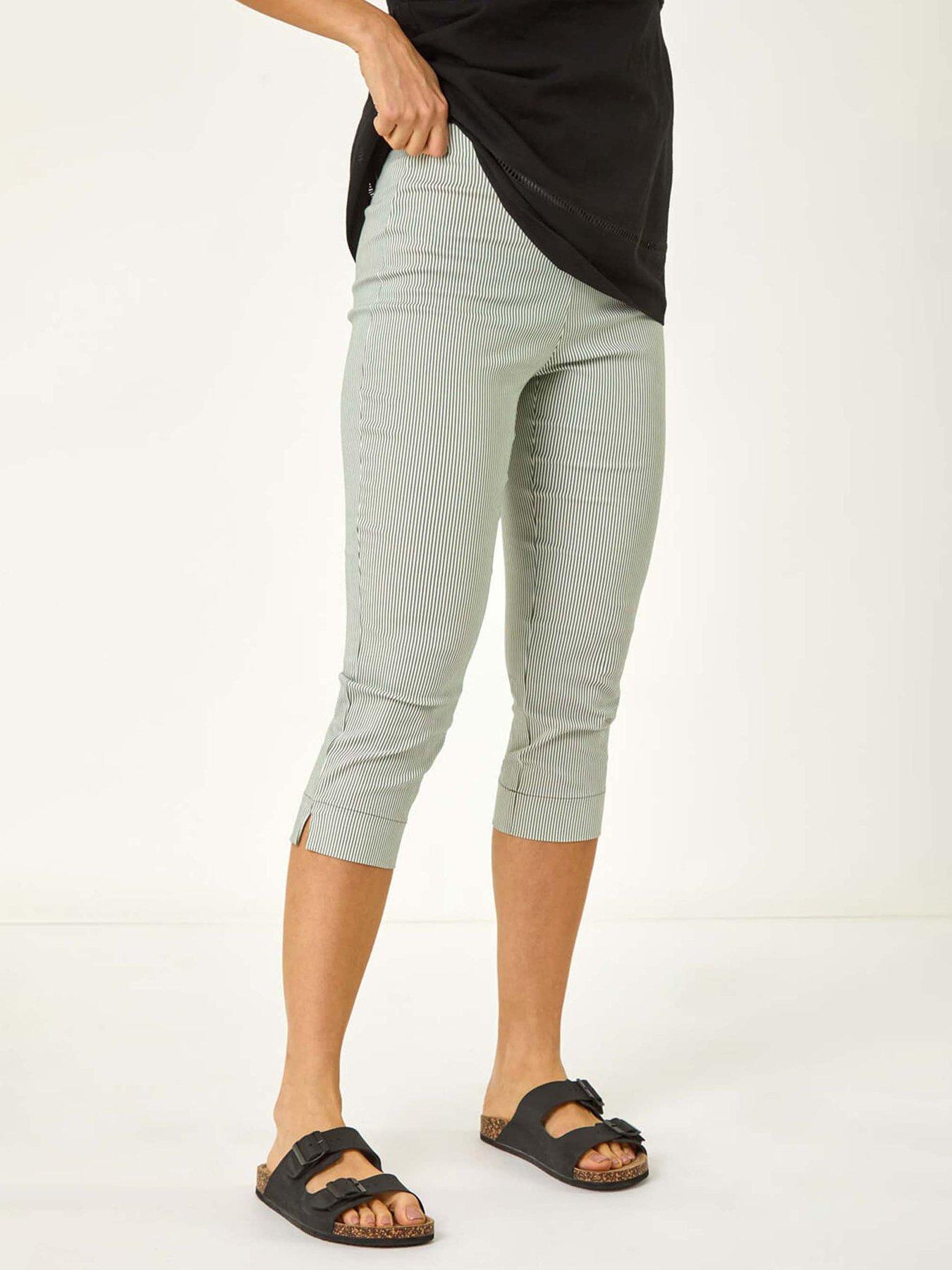 undefined Striped Cropped Stretch Trouser - Khaki