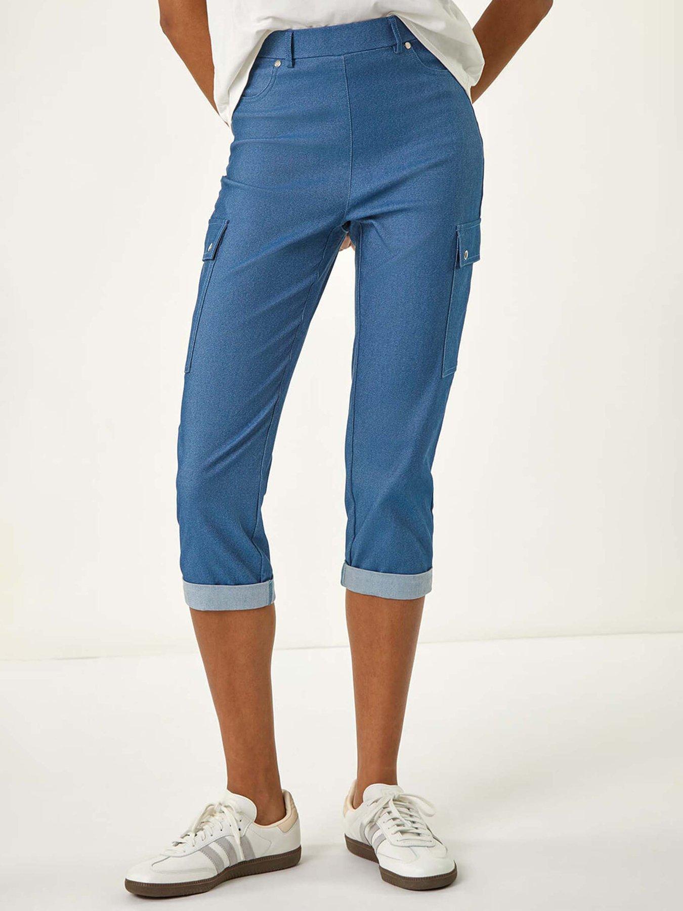 undefined Turn Up Stretch Cropped Cargo Trousers - Denim