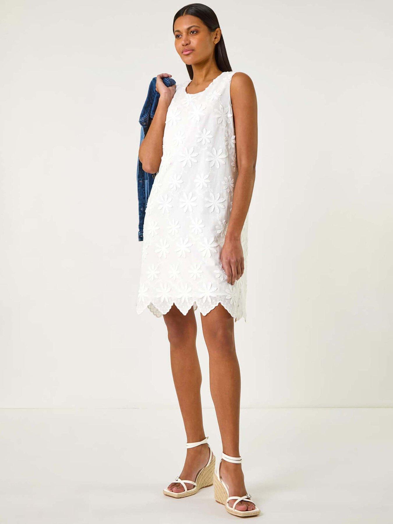 undefined Flower Embroidery Shift Dress - White