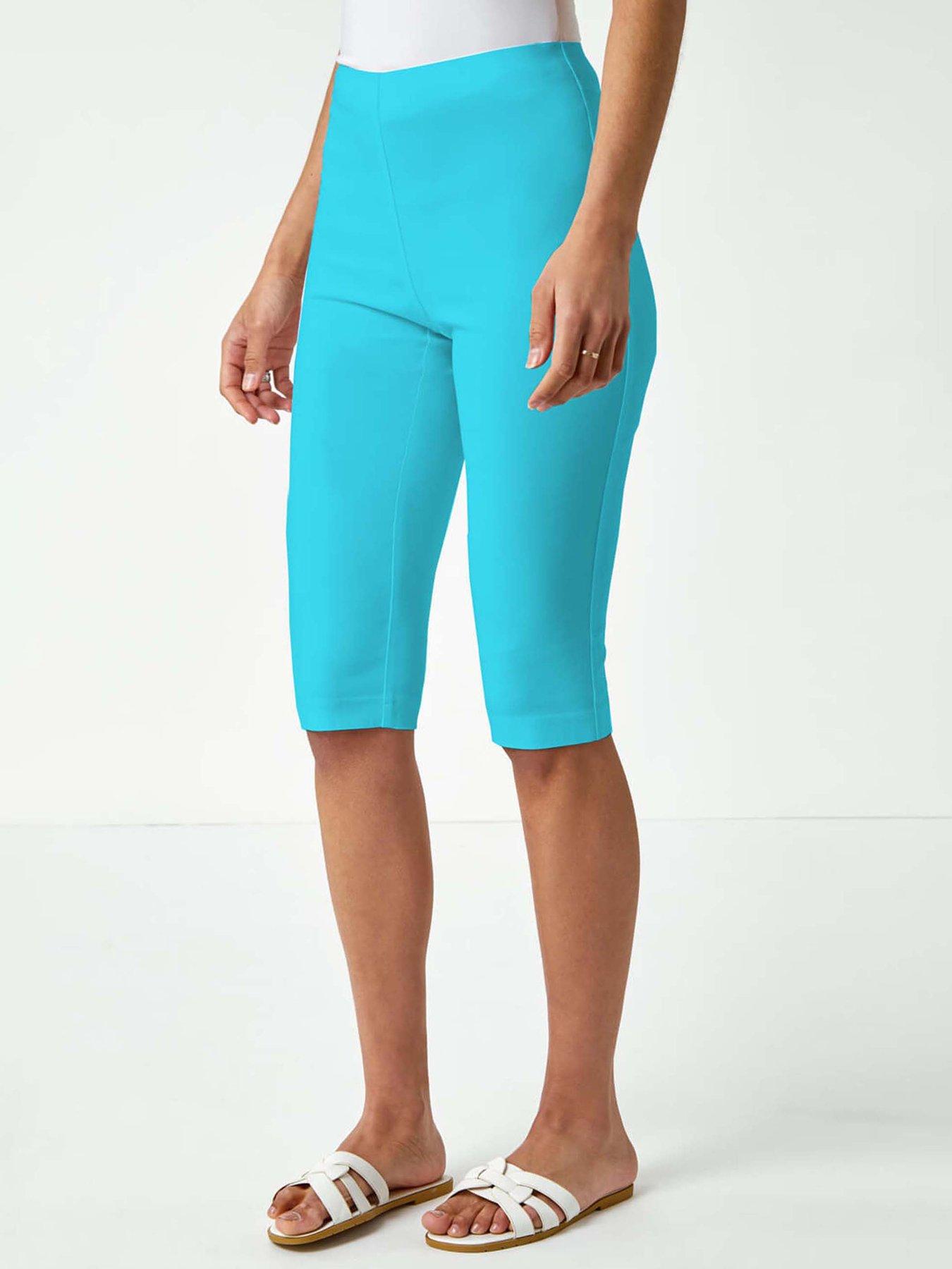 undefined Elastic Waist Knee Length Stretch Shorts - Turquoise