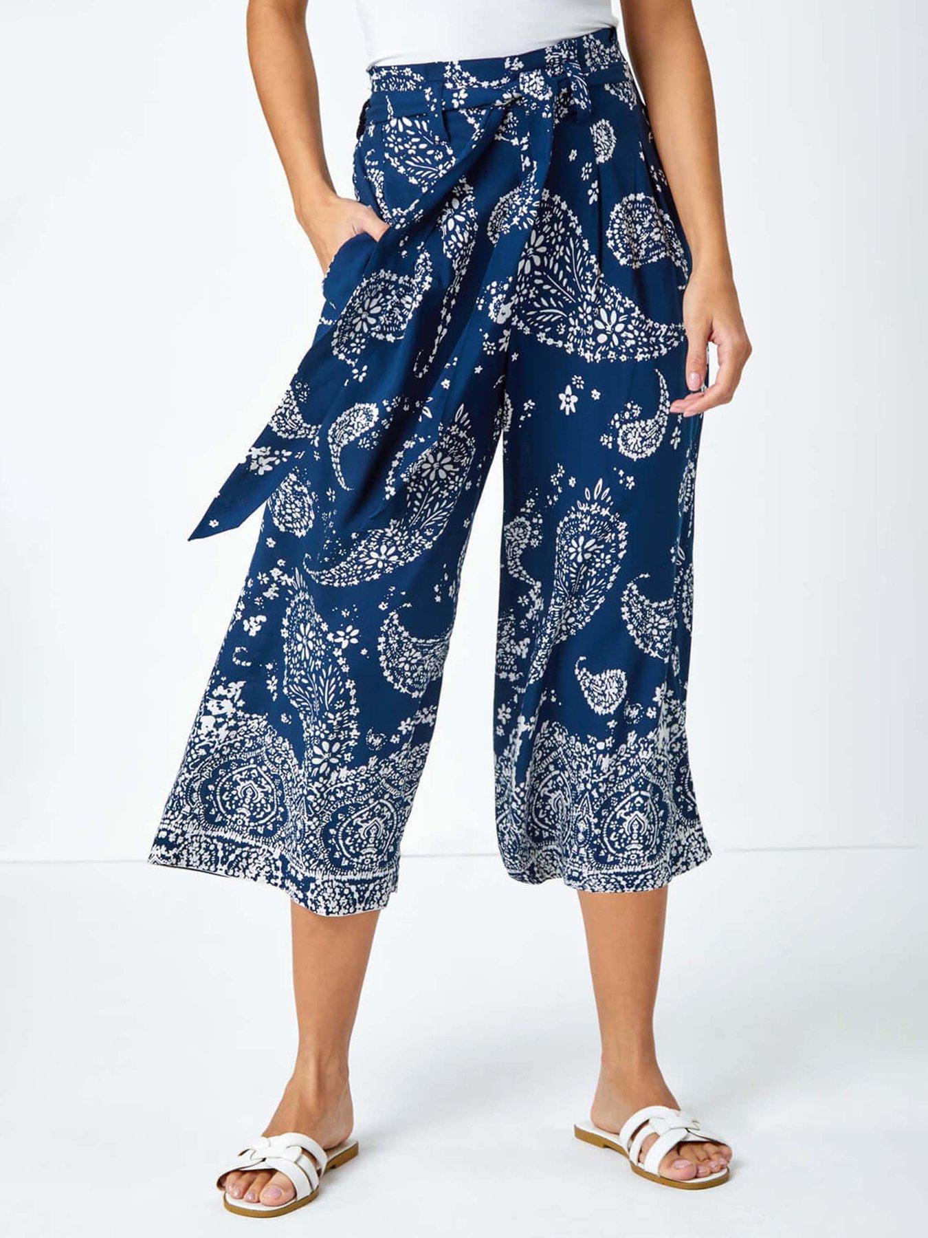 Roman Paisley Print Wide Leg Cropped Trousers, Black, Size 18, Women