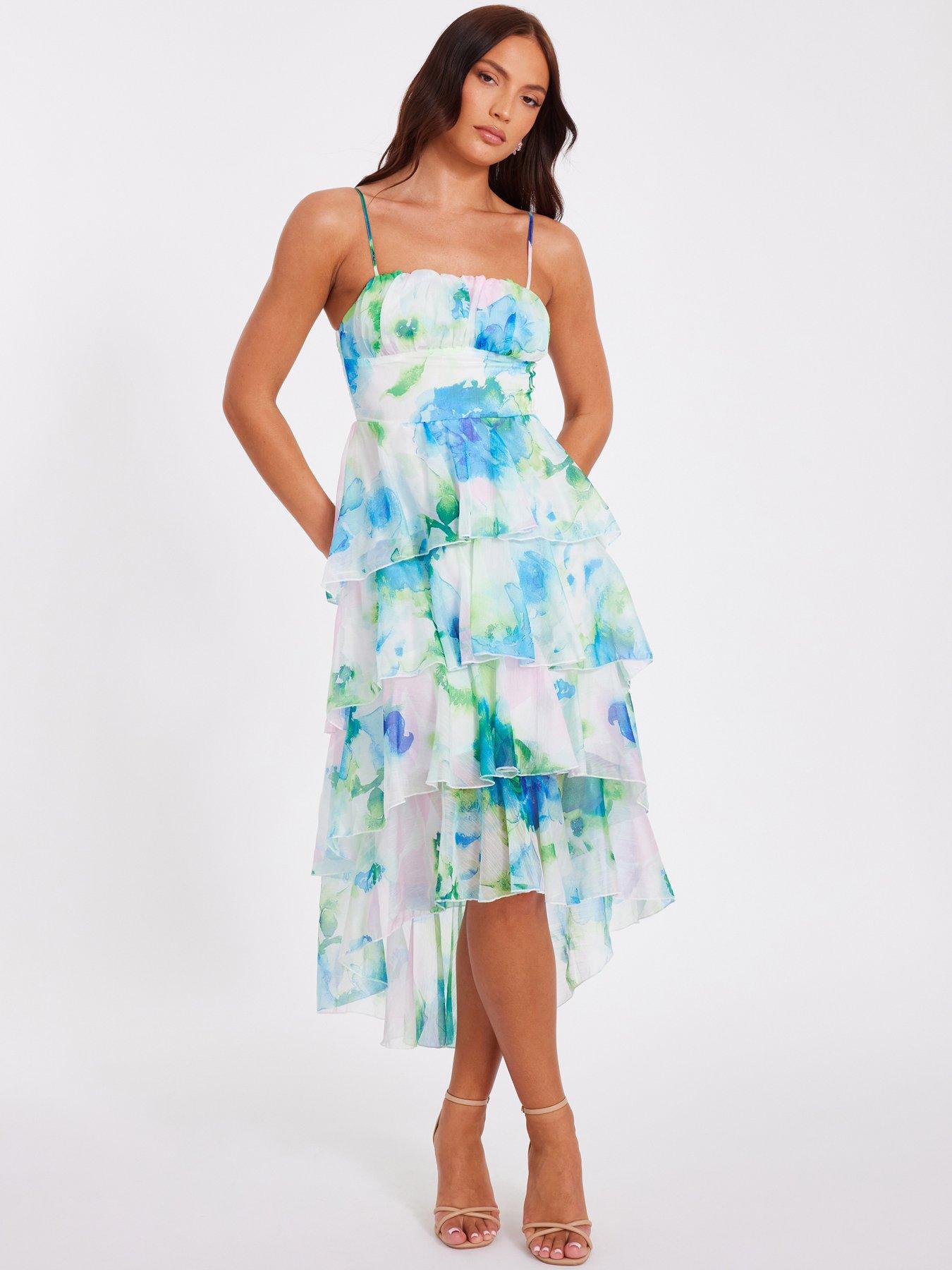 undefined Blue Floral Tiered Midi Dress