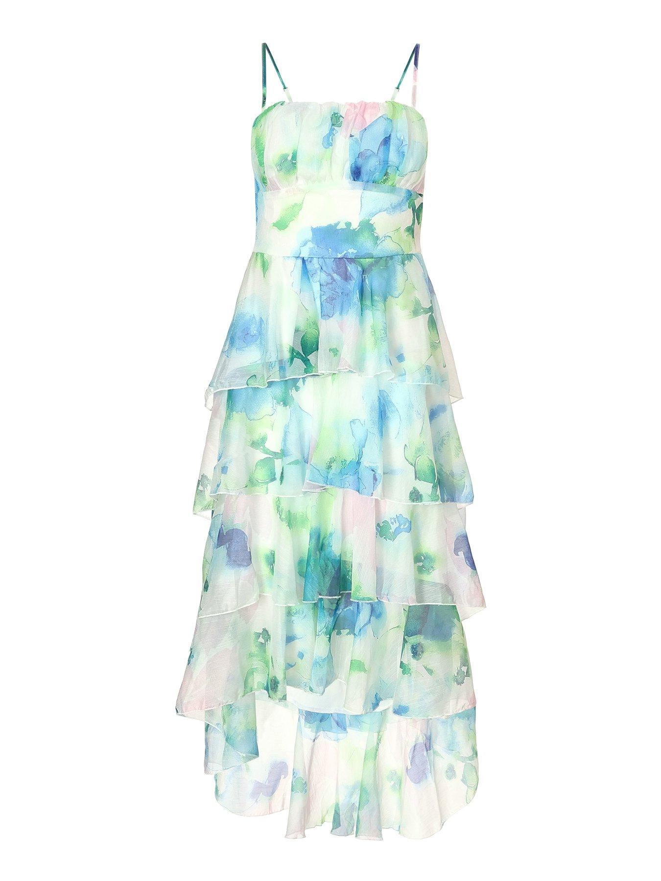 Image 5 of 6 of Quiz Blue Floral Tiered Midi Dress