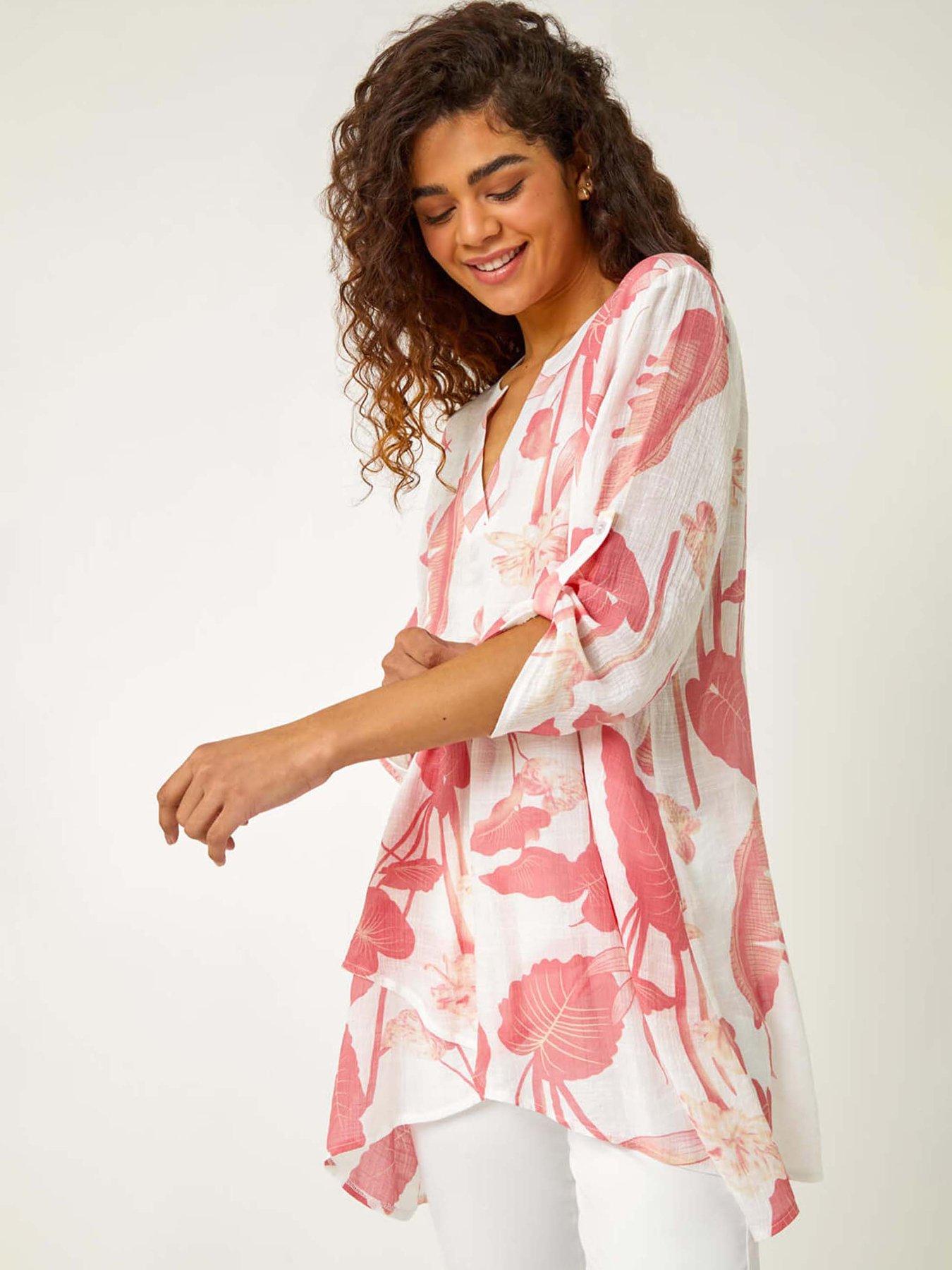 undefined Palm Print V-neck Wrap Hem Tunic Top - Coral
