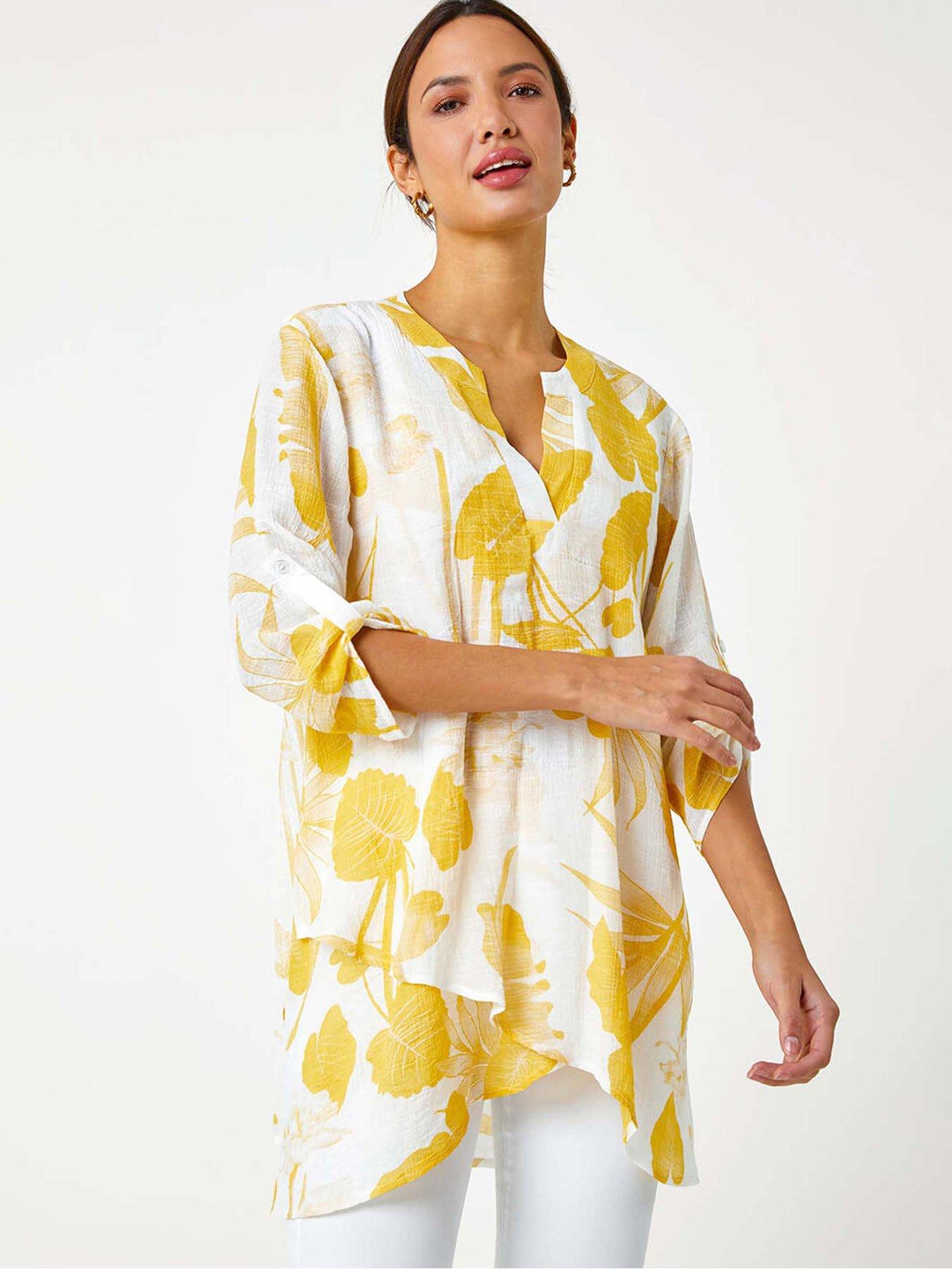 undefined Palm Print V-neck Wrap Hem Tunic Top - Yellow