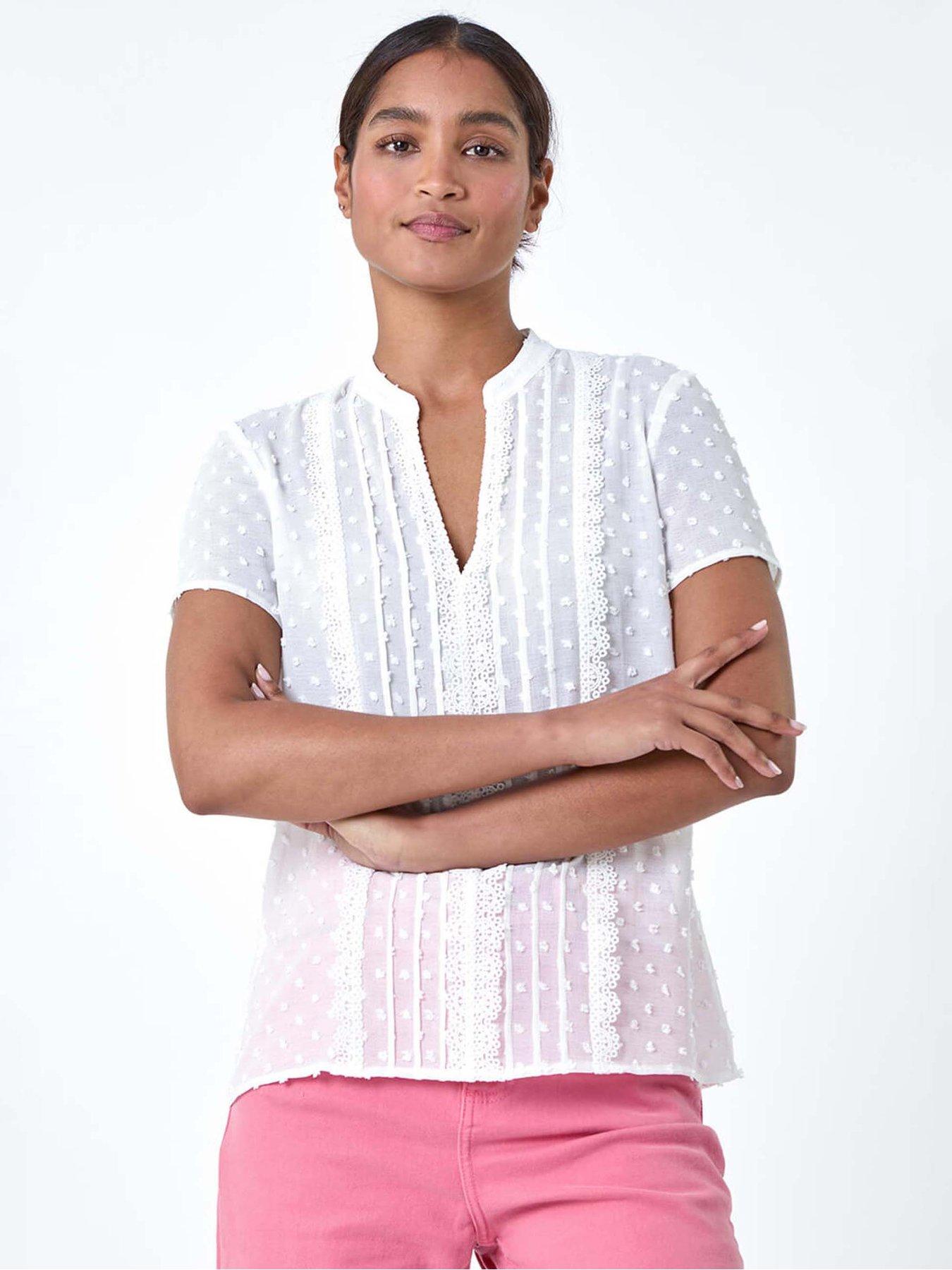 undefined Textured Spot Lace Trim Top - Ivory