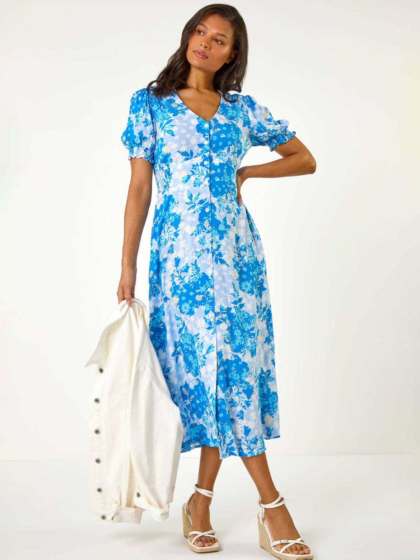 Roman Button Through Floral Shirred Midi Dress - Blue